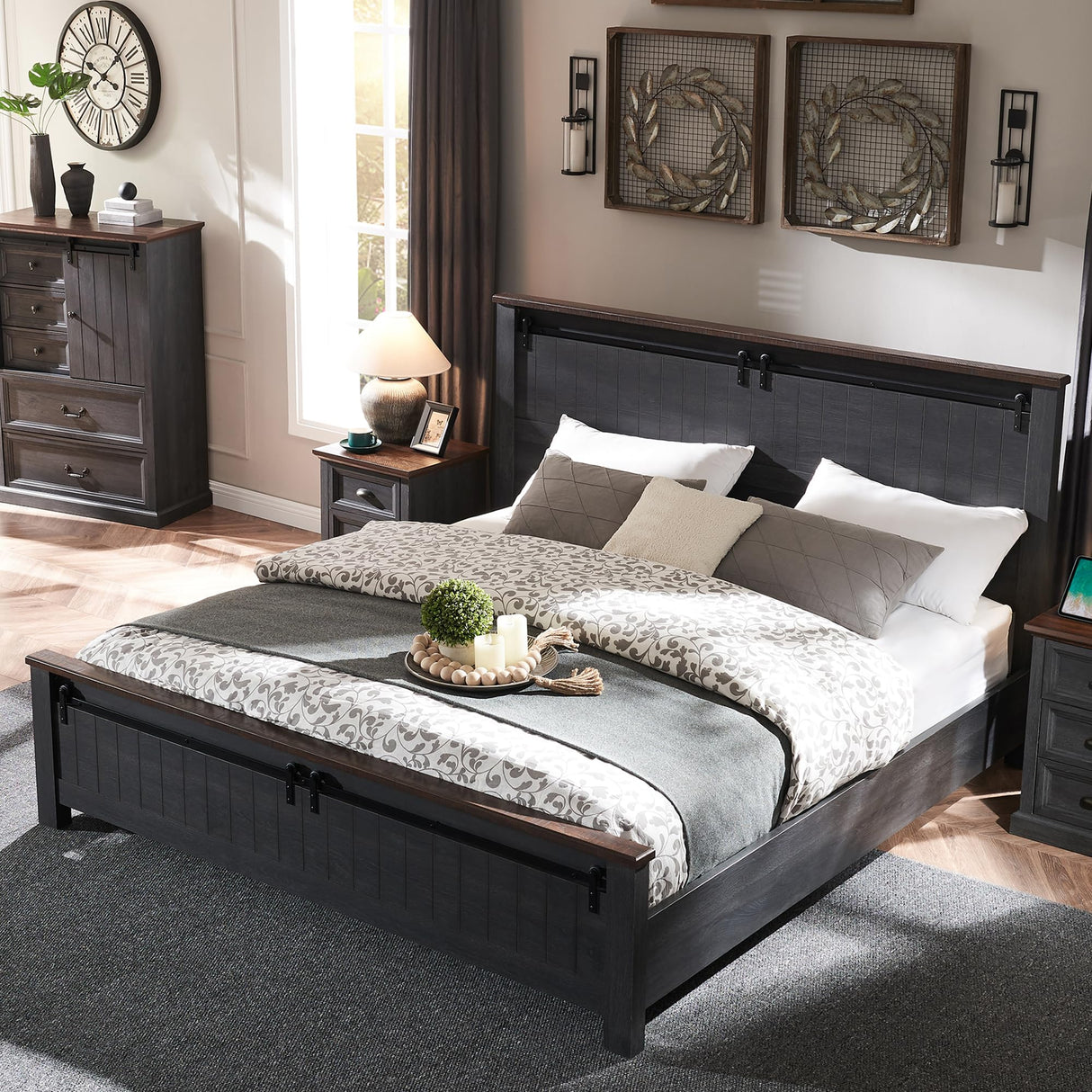 IFGET Farmhouse King Size Bed Frame with 47" Headboard, Wood Bed Frame with Groove Sliding Barn Door Footboard, Platform Bed with Wood Slats Support, No Box Spring Needed (Dark Grey) IFGET