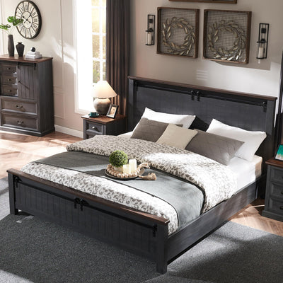 IFGET Farmhouse King Size Bed Frame with 47" Headboard, Wood Bed Frame with Groove Sliding Barn Door Footboard, Platform Bed with Wood Slats Support, No Box Spring Needed (Dark Grey)