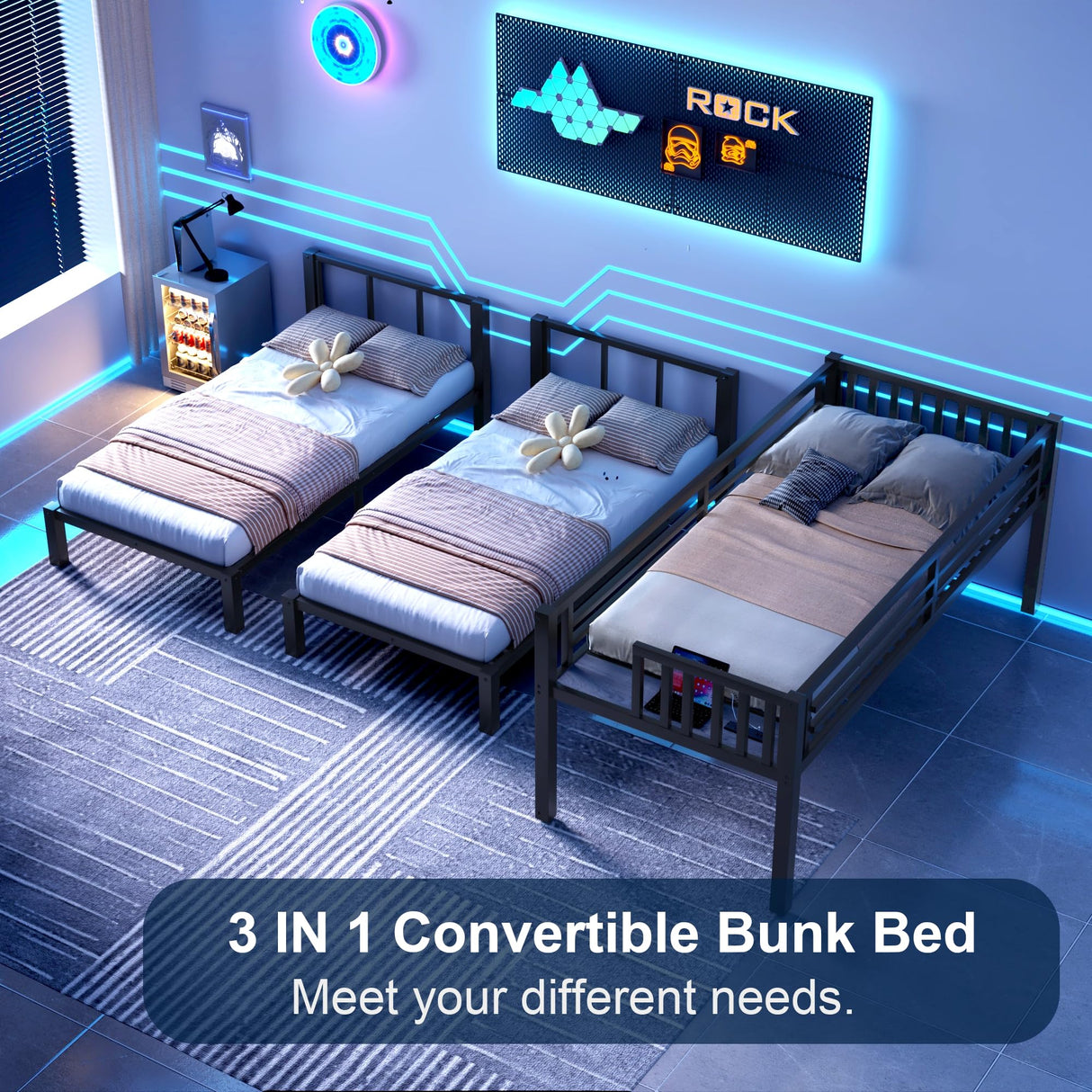 Triple Bunk Beds for Kids with LED Light,Metal 3 Beds Bunk Bed with USB Charge Station & Storage Shelf, Convertible Three Bunk Beds for Girls Boys Teens,Can be Separated into 3 Beds, Black MoproBeti