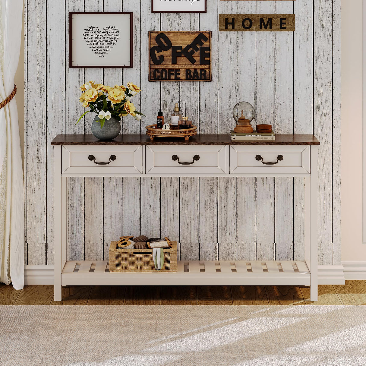 ChooChoo Farmhouse Console Table with 3 Drawers, Rustic Entryway Table, Narrow Long Sofa Table for Living Room, Hallway, Behind Couch, Soft White and Brown ChooChoo