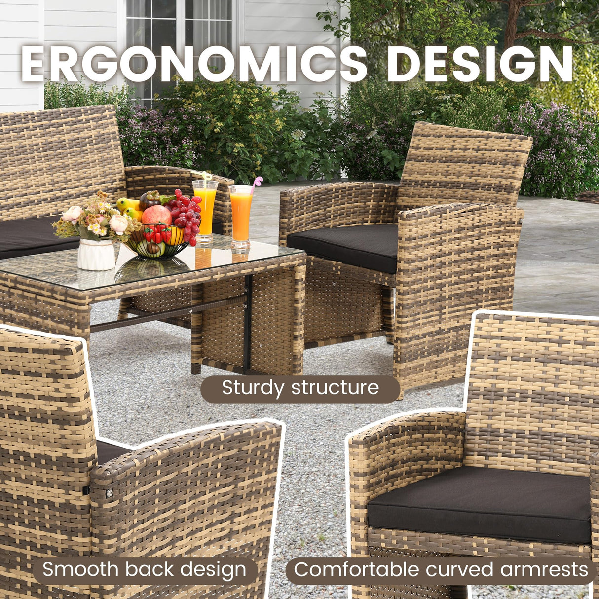 KROFEM 4 Pieces Rattan Patio Furniture Set,Outside Sectional Conversation Cushioned Sofa Set, Wicker Sofa Ideal for Garden, Porch, Backyard, Natural Rattan with Black Cushion KROFEM