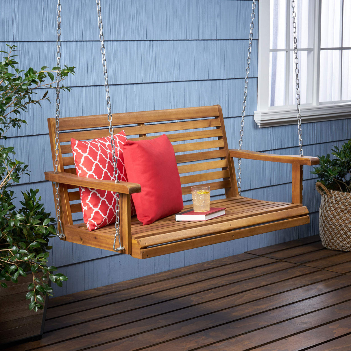 Viola Outdoor Aacia Wood Porch Swing, Teak GDFStudio