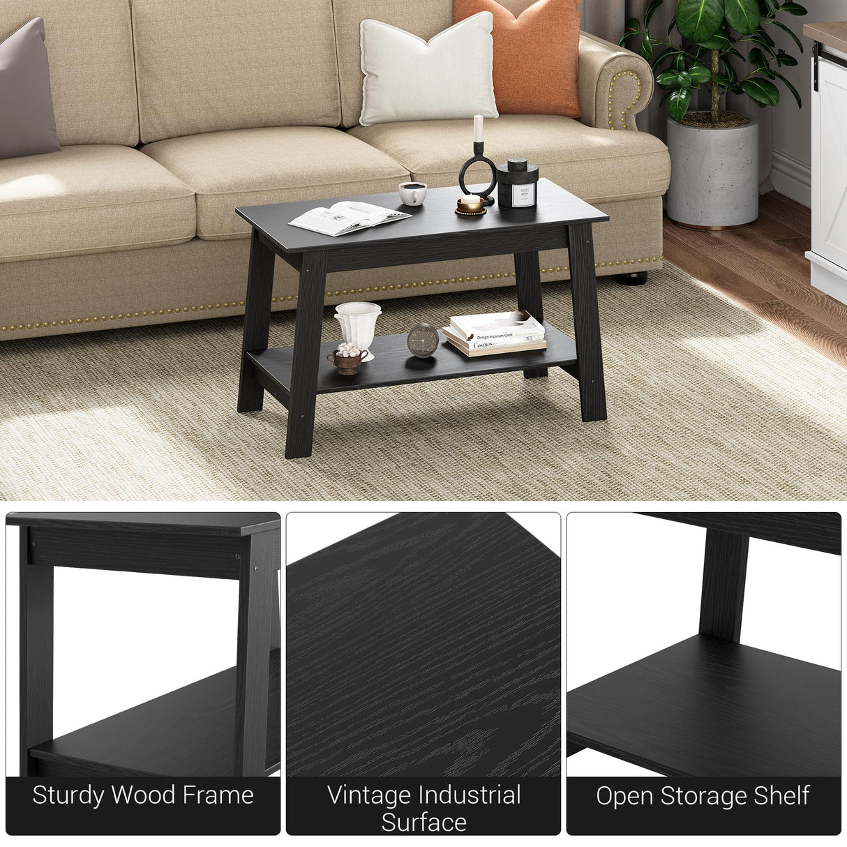 Hipicute Rustic Coffee Table with Dual Open Storage, Rectangular Wood Center Table for Living Room Bedroom Home Office, Sturdy Wooden Legs, Black Finish Hipicute