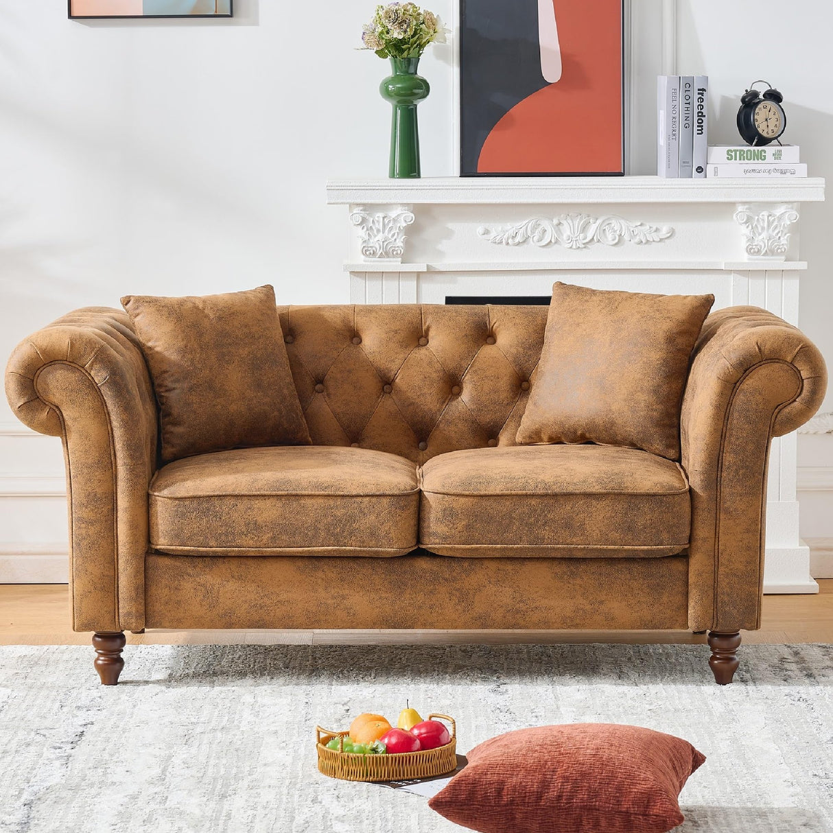 KEIKI Luxury Modular Chesterfield Leather Sofa Couch Set, Mid Century Modern Combo 5 Seater Couches w/Roll Armrest, Comfy Sleeper Cloud SofaBed for Office & Apartment Living Room, Easy Assembly, Brown KEIKI