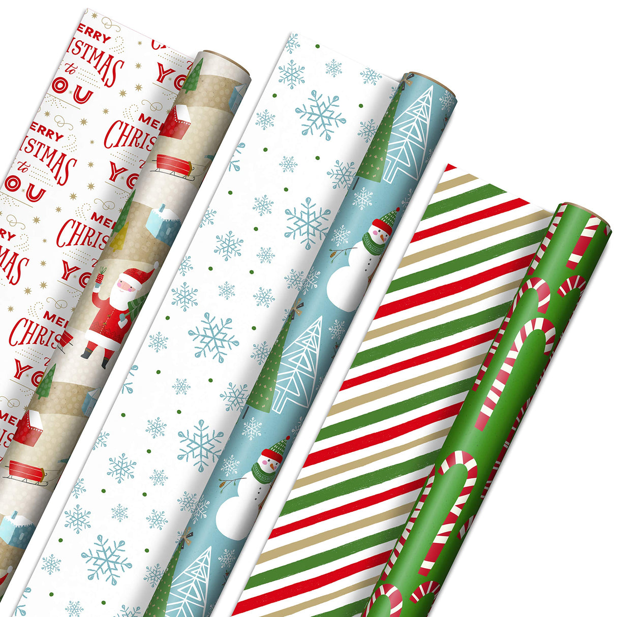 Hallmark Reversible Christmas Wrapping Paper (3 Rolls: 120 sq. ft. ttl) Rustic Santa, Papercraft Snowmen, Candy Canes, Stripes, Snowflakes, "Merry Christmas to You" Hallmark