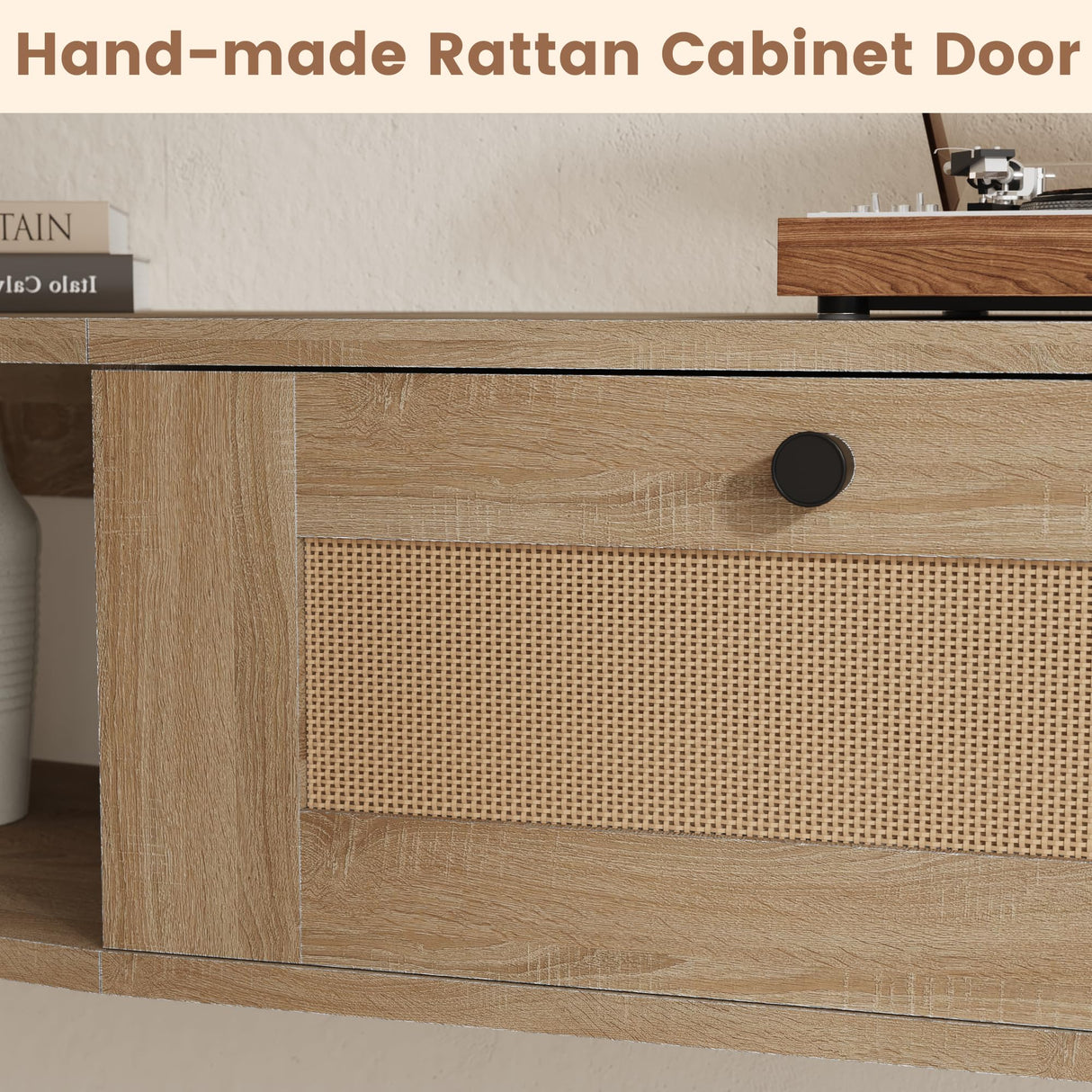 EROMMY Modern Rattan Floating TV Stand, Wall-Mounted Floating Stand for TVs up to 80 Inches with Doors, Entertainment Center for Under TV Storage, 70 inch, Oak EROMMY