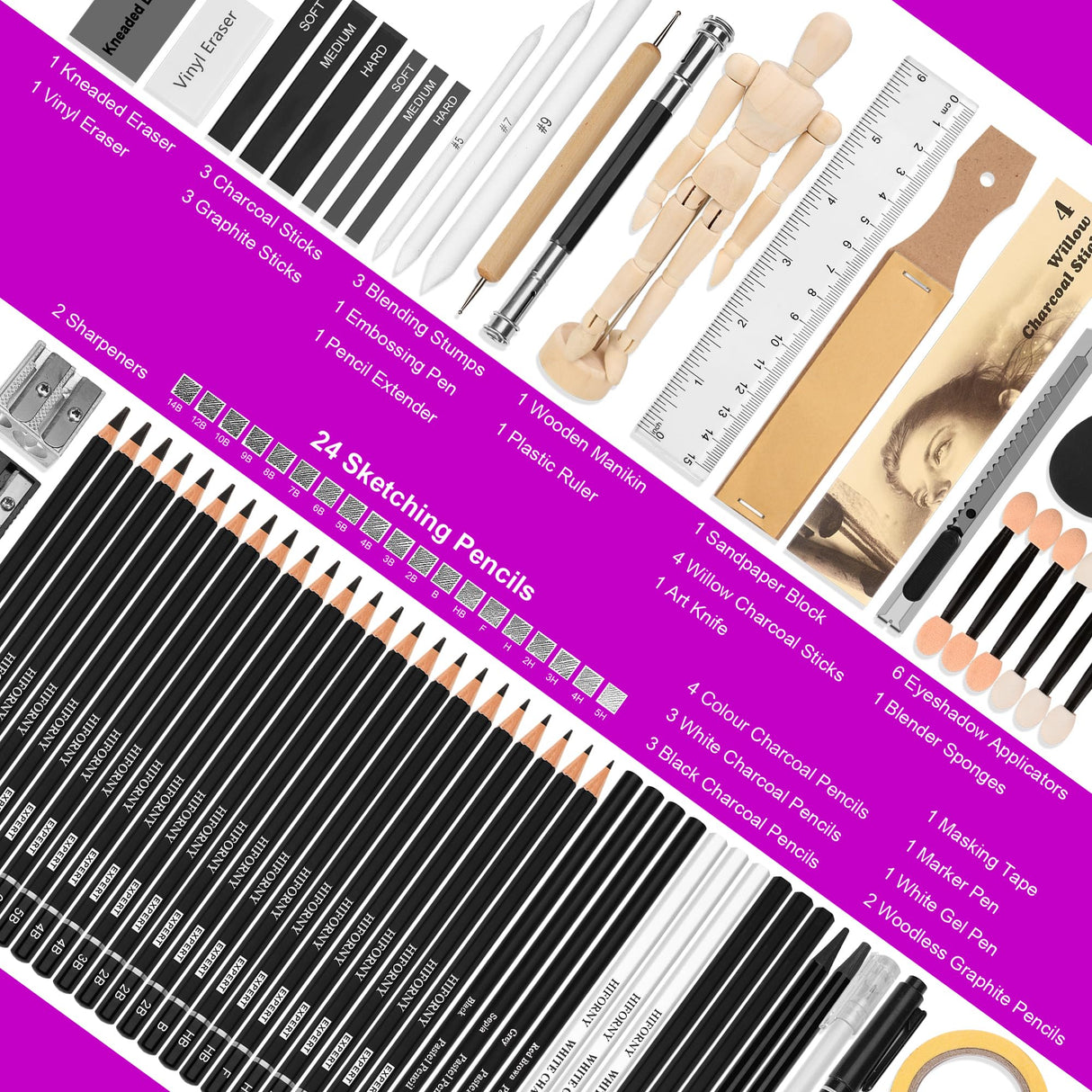 HIFORNY 70 Pcs Drawing Set Sketching Kit - Sketch Pencils Art Supplies for Adults Artists Kids with 3-Color Sketchbook,Graphite,Pastel,Charcoal Pencils,Blending Tools HIFORNY