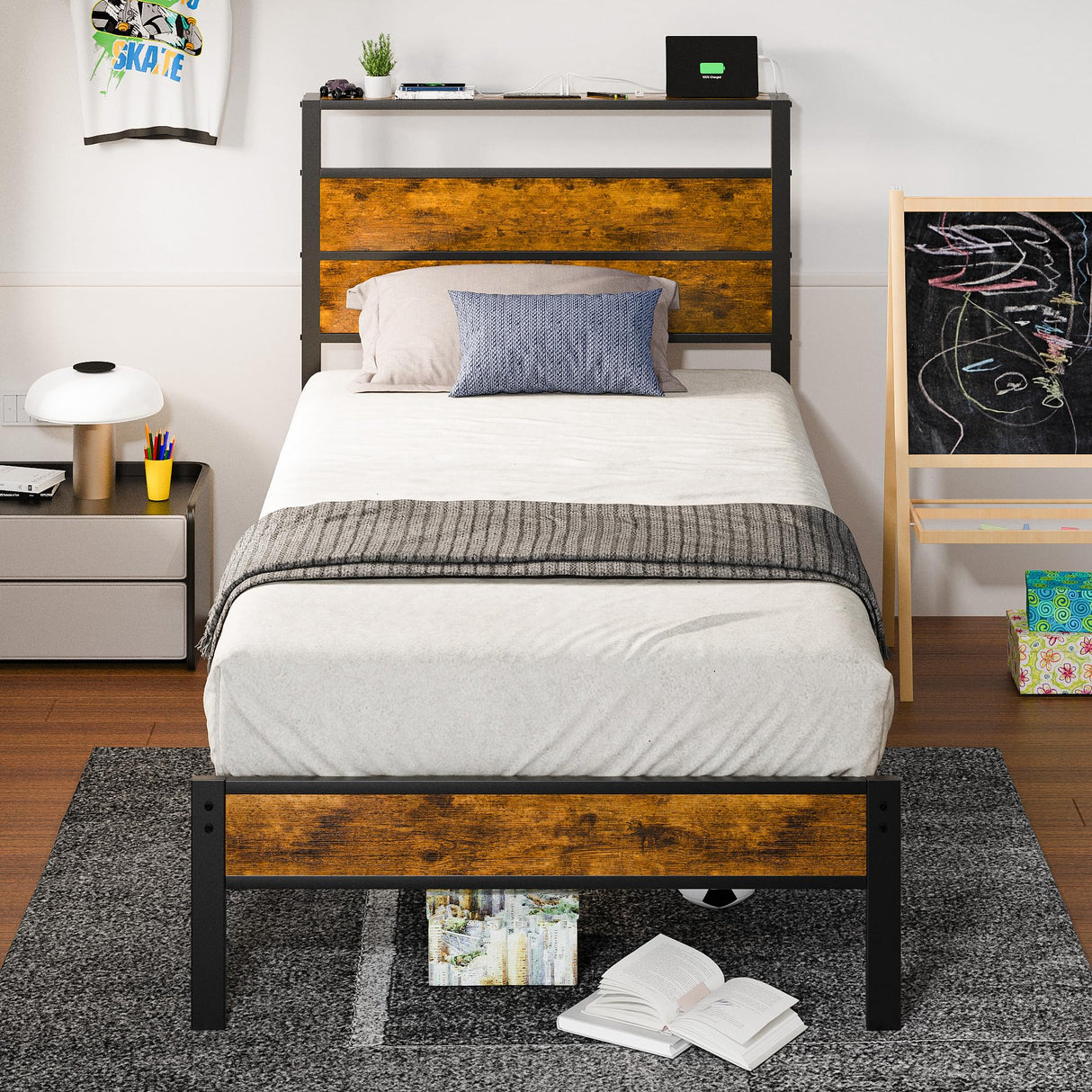 Twin Bed Frame with Storage Headboard and USB Charging Station, Smart LED Lights, Noise Free, Metal Platform Bed Easy Assembly, No Box Spring Needed Liians