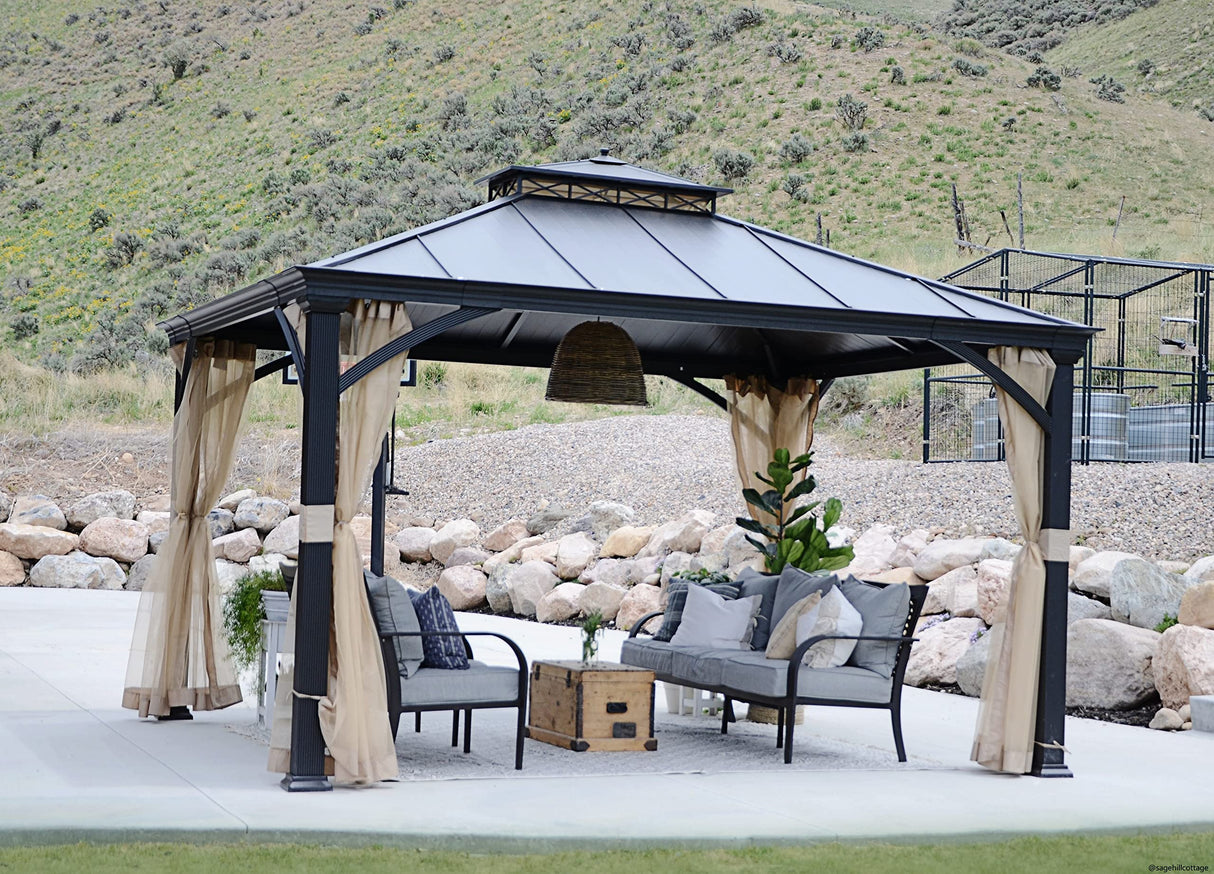 Sunjoy Hardtop Gazebo 11 x 13 ft. Outdoor Patio Black Anti-Rust Aluminum Frame Gazebo, Double Tiered Gazebo with Ceiling Hook and Mesh Netting, Black Sunjoy