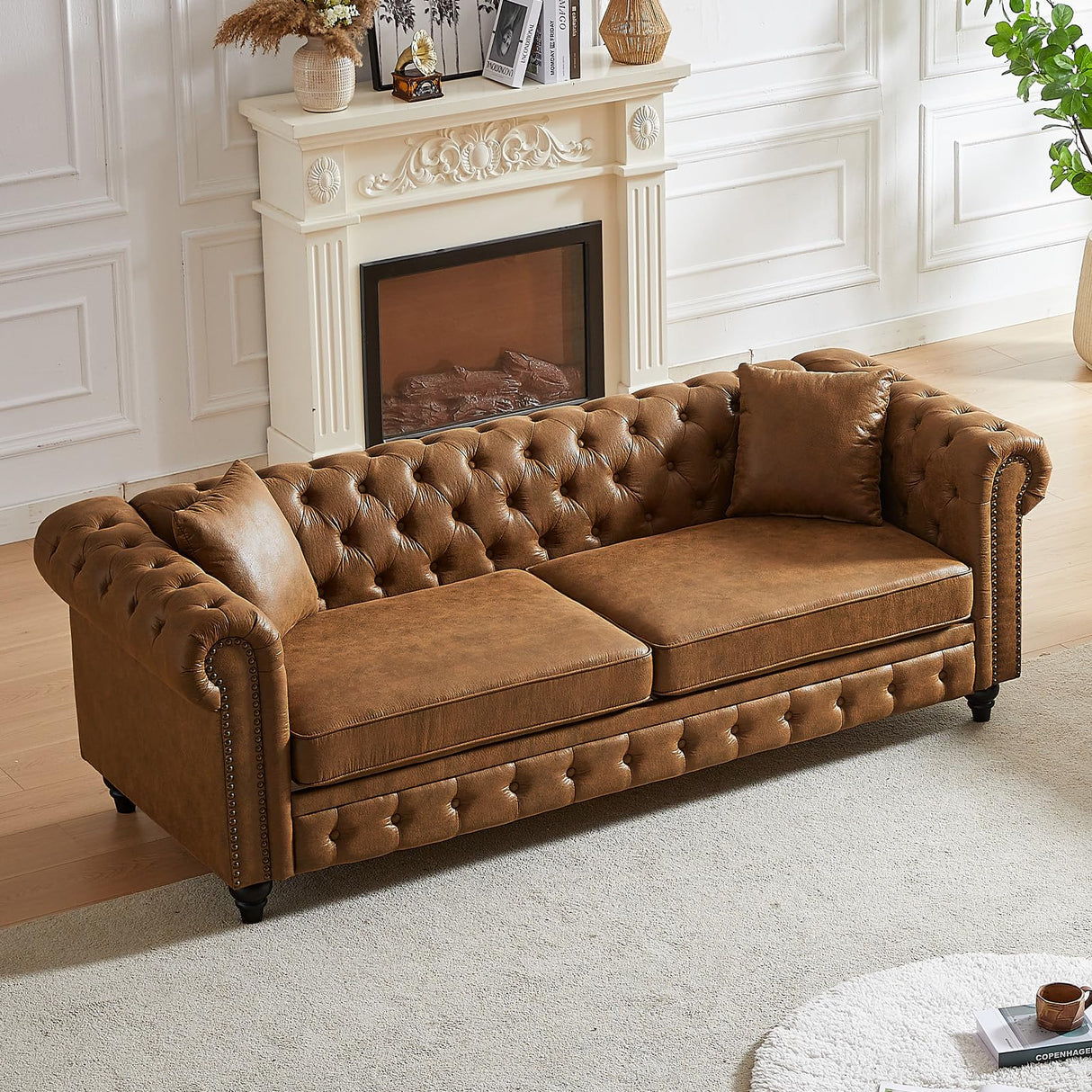 Modern Chesterfield Sofa Couch, 85.5-inch Tech Fabric 3-Seater Sofa with Rolled Arms and Tufted Button for Living Room, Office, Brown Antetek