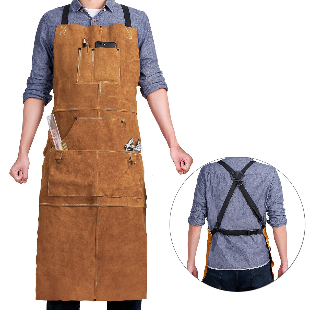 QeeLink Leather Work Shop Apron with 6 Tool Pockets Heat & Flame Resistant Heavy Duty Welding Apron, 24" x 36", Adjustable M to XXL for Men & Women (Brown - Deluxe Edition) QeeLink