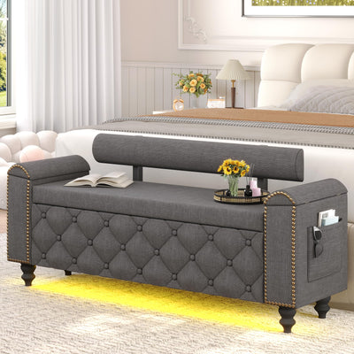 BYSAUD 51" Ottoman with Storage, Storage Ottoman Bench with LED Lights, End of Bed Bench with Upholstered Backrest & Curved Arm, Entryway Bench with Tufted Button for Bedroom Living Room, Dark Gray