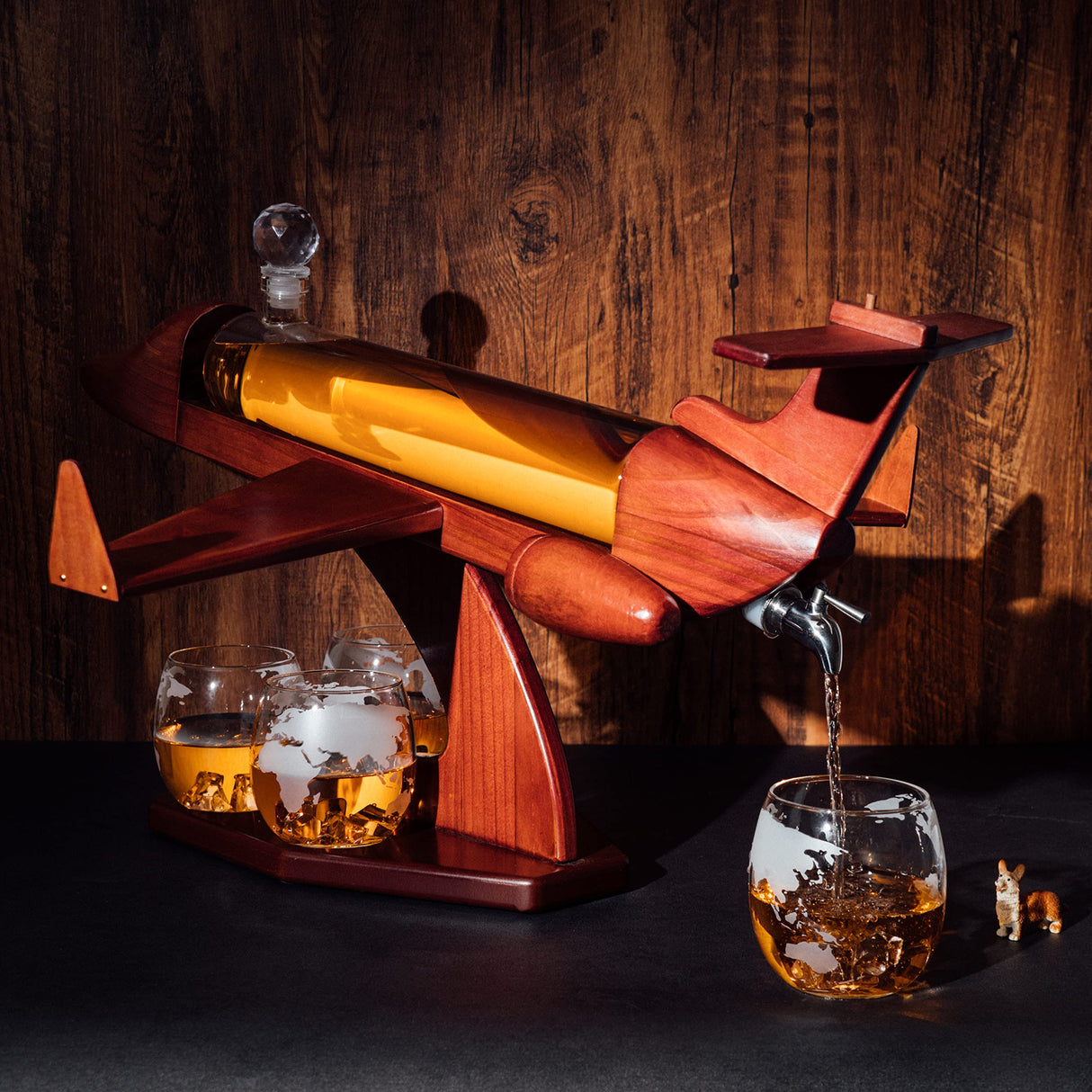 Whiskey & Wine Decanter Jet Airplane Set and Glasses Antique Wood Airplanes - The Wine Savant Whiskey Gift Set & 2 Airplane Glasses, Pilot Gift Moving Parts- Alcohol Related Gift, BAR DECOR Large 21" The Wine Savant