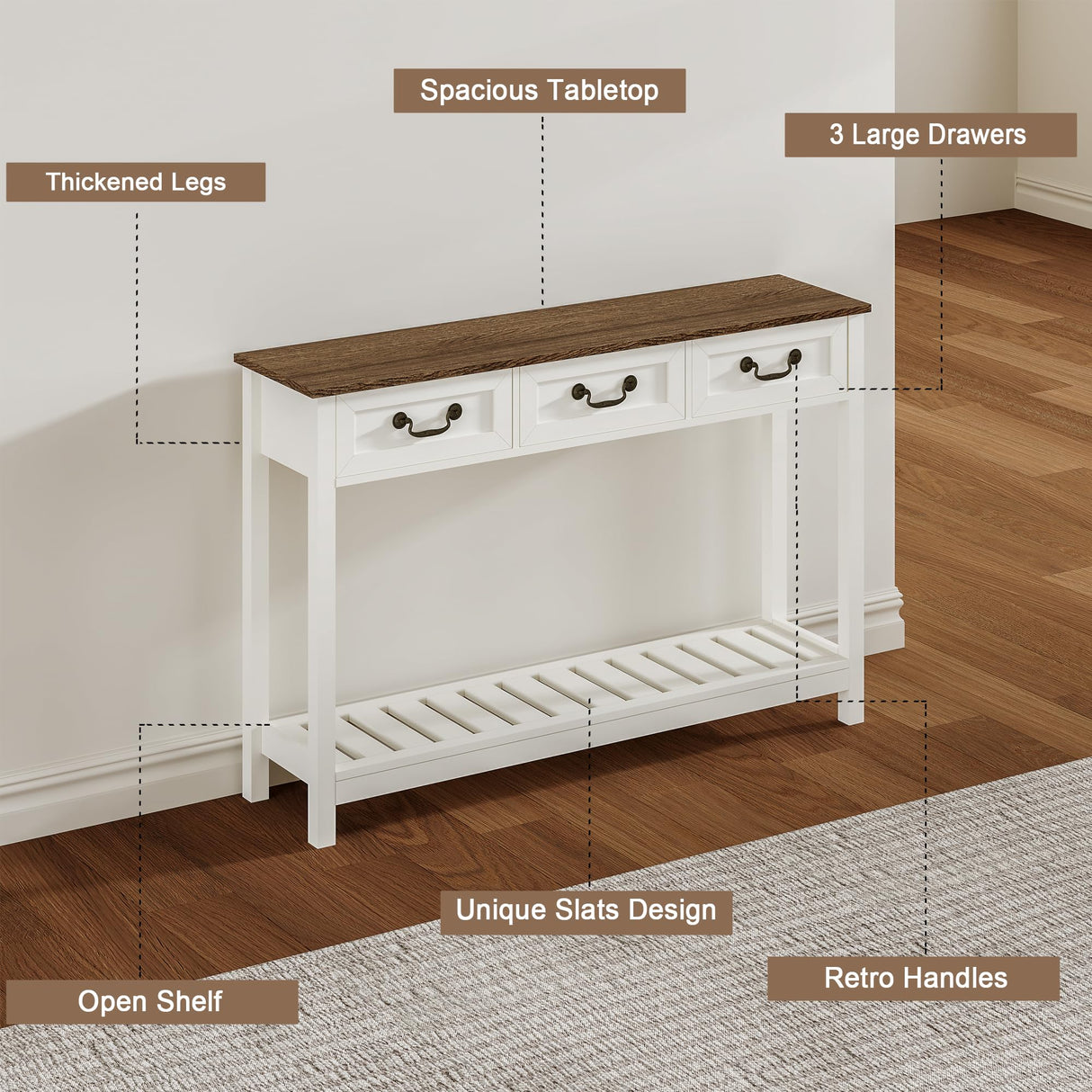 ChooChoo 47" Farmhouse Console Table with 3 Drawers, Rustic Entryway Table, Narrow Long Sofa Table for Living Room, Hallway, Behind Couch, Soft White and Brown ChooChoo