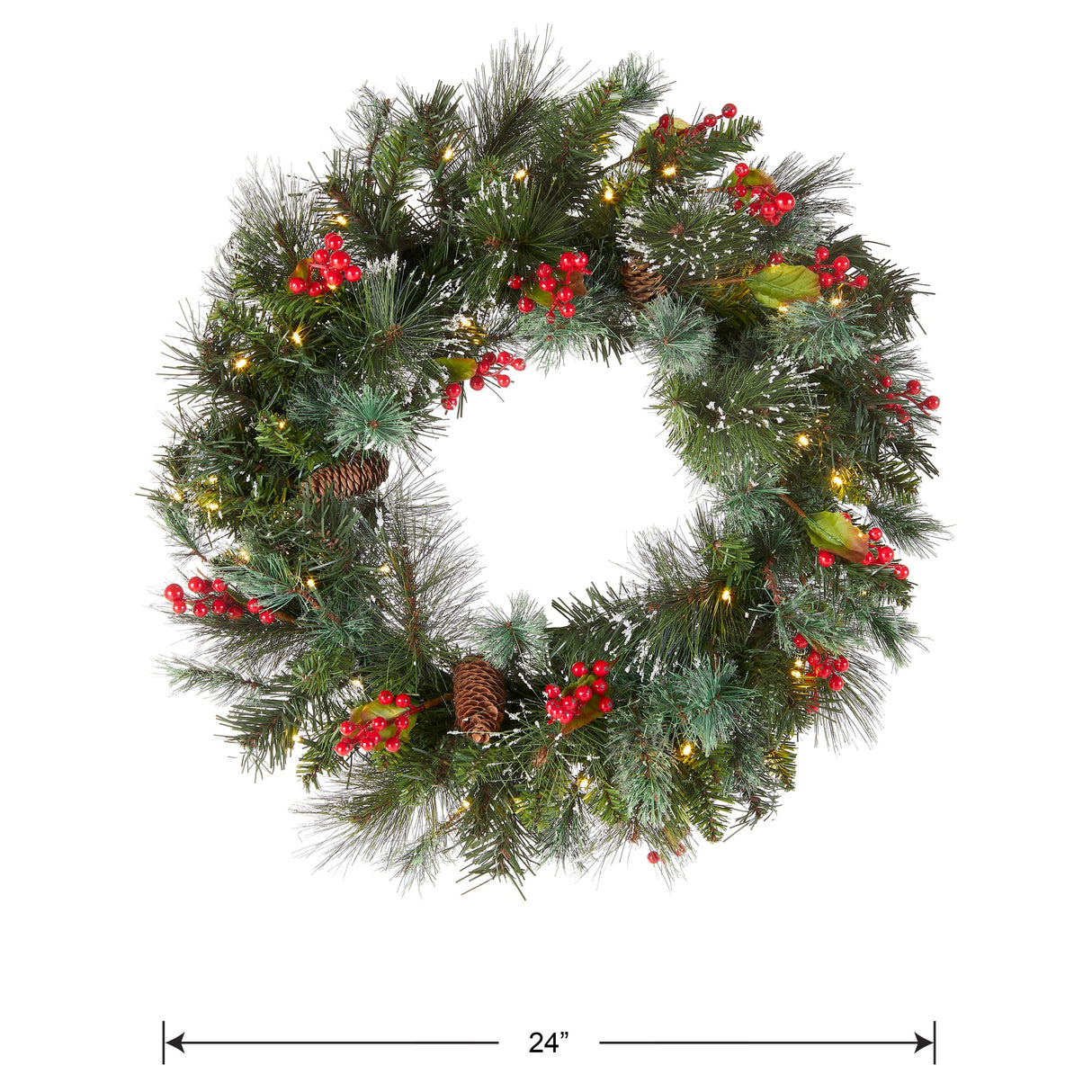 National Tree Company Pre-Lit Artificial Christmas Wreath, Green, Crestwood Spruce, White Lights, Decorated with Pine Cones, Berry Clusters, Frosted Branches, Christmas Collection, 24 Inches National Tree Company