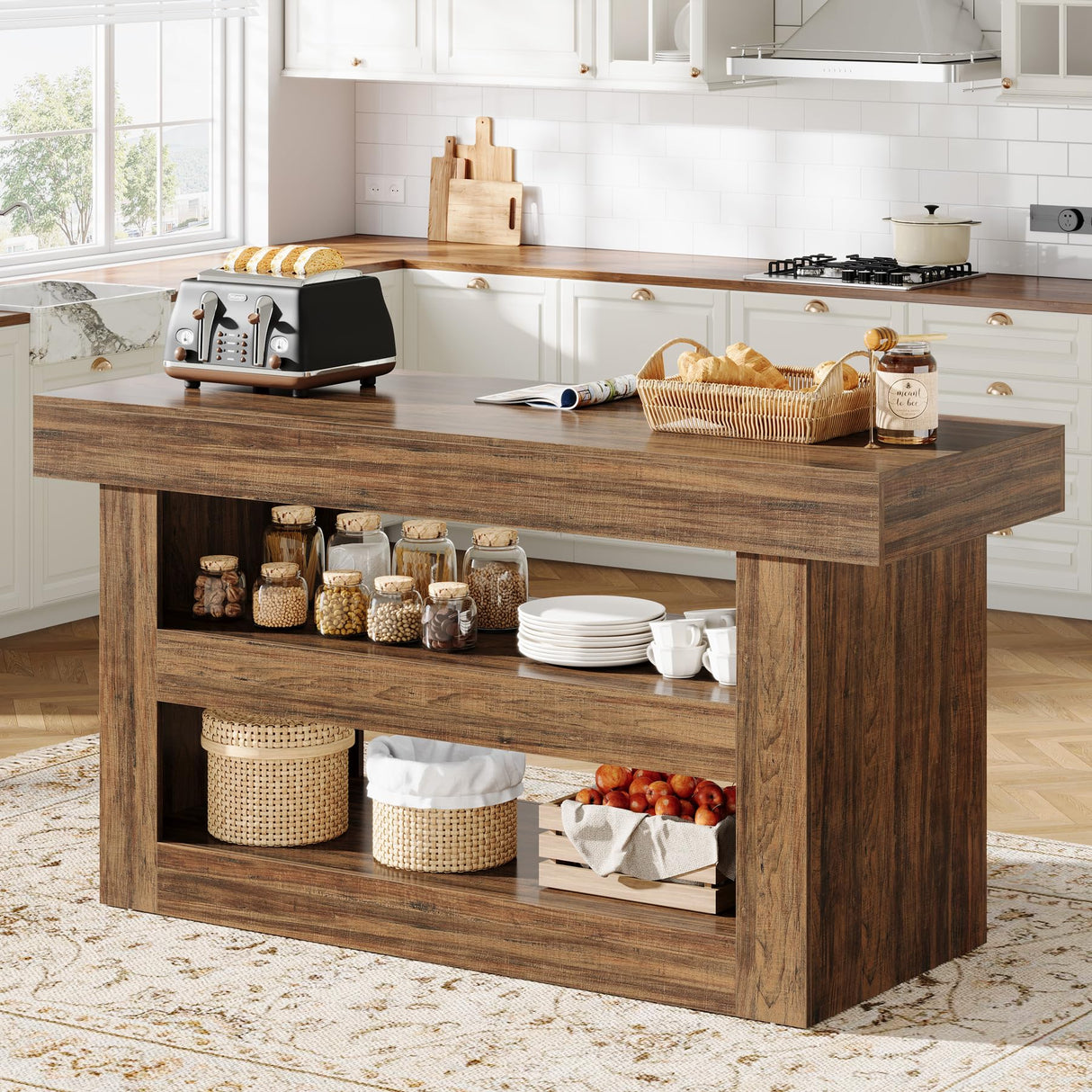 Tribesigns 55-Inch Kitchen Island with Storage, Farmhouse 3-Tier Stationary Island Table with Large Countertop, Wooden Coffee Bar Table Storage Cabinet for Kitchen, Dining Room, Living Room, Brown Tribesigns