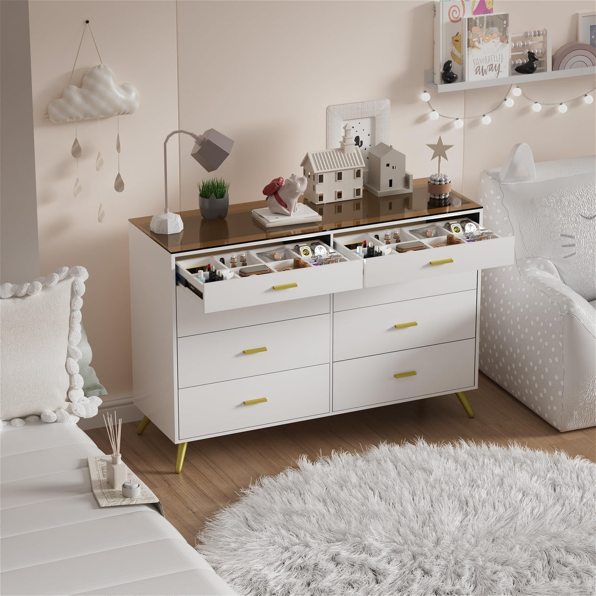 SDMY White Dresser for Bedroom,8 Drawer Dresser,Wide Chest of Drawers with LED Lights,Visual Desktop,Grid Drawer Storage Compartments,Modern Large Capacity Storage Cabinet for Living Room,Entryway SDMY