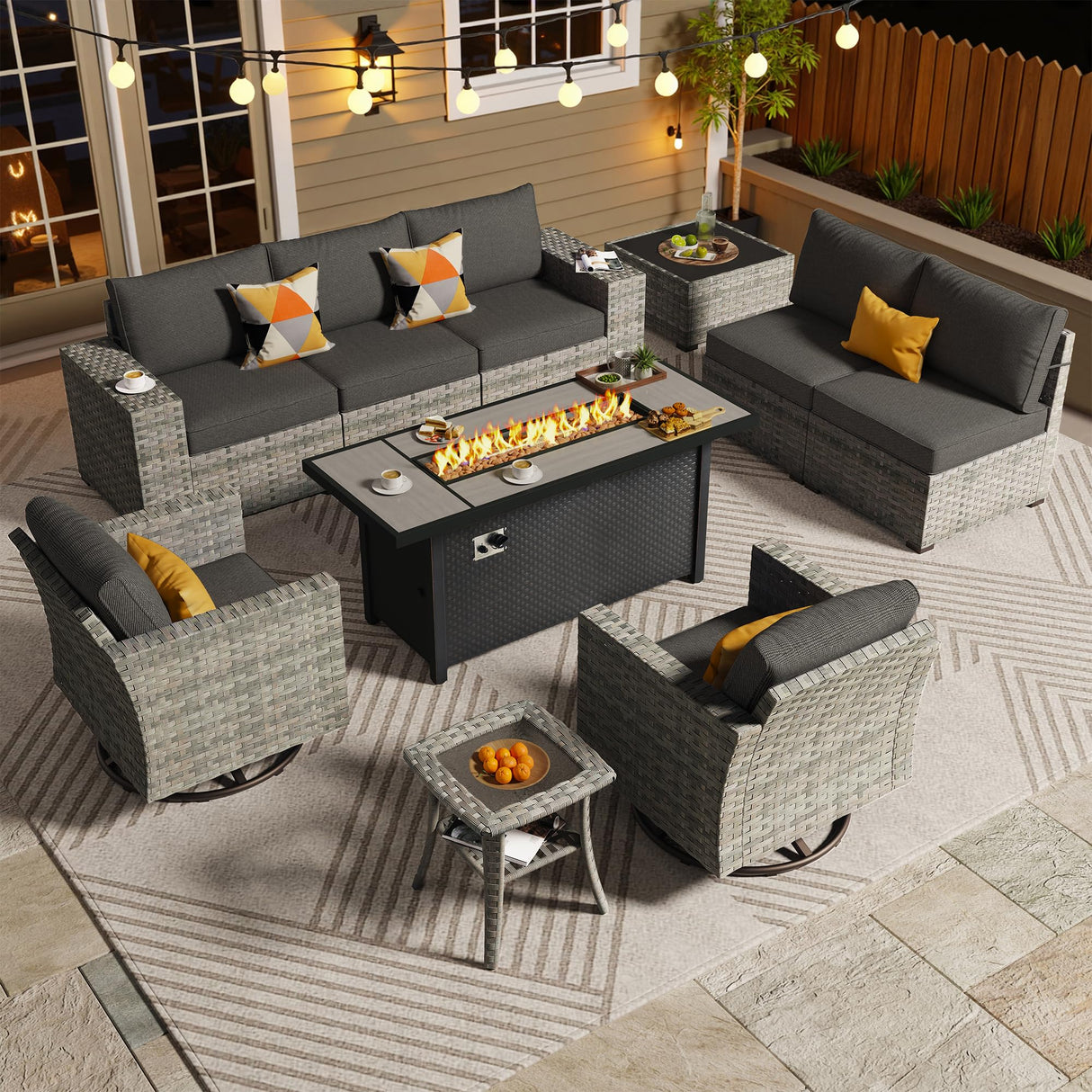 ovios 10 Pieces Patio Furniture Set, Outdoor Wicker Sectional Sofa with 54" Fire Pit Table Swivel Chairs, Modern Modular Deep Seat Rattan Couch Conversation Sets, Black ovios