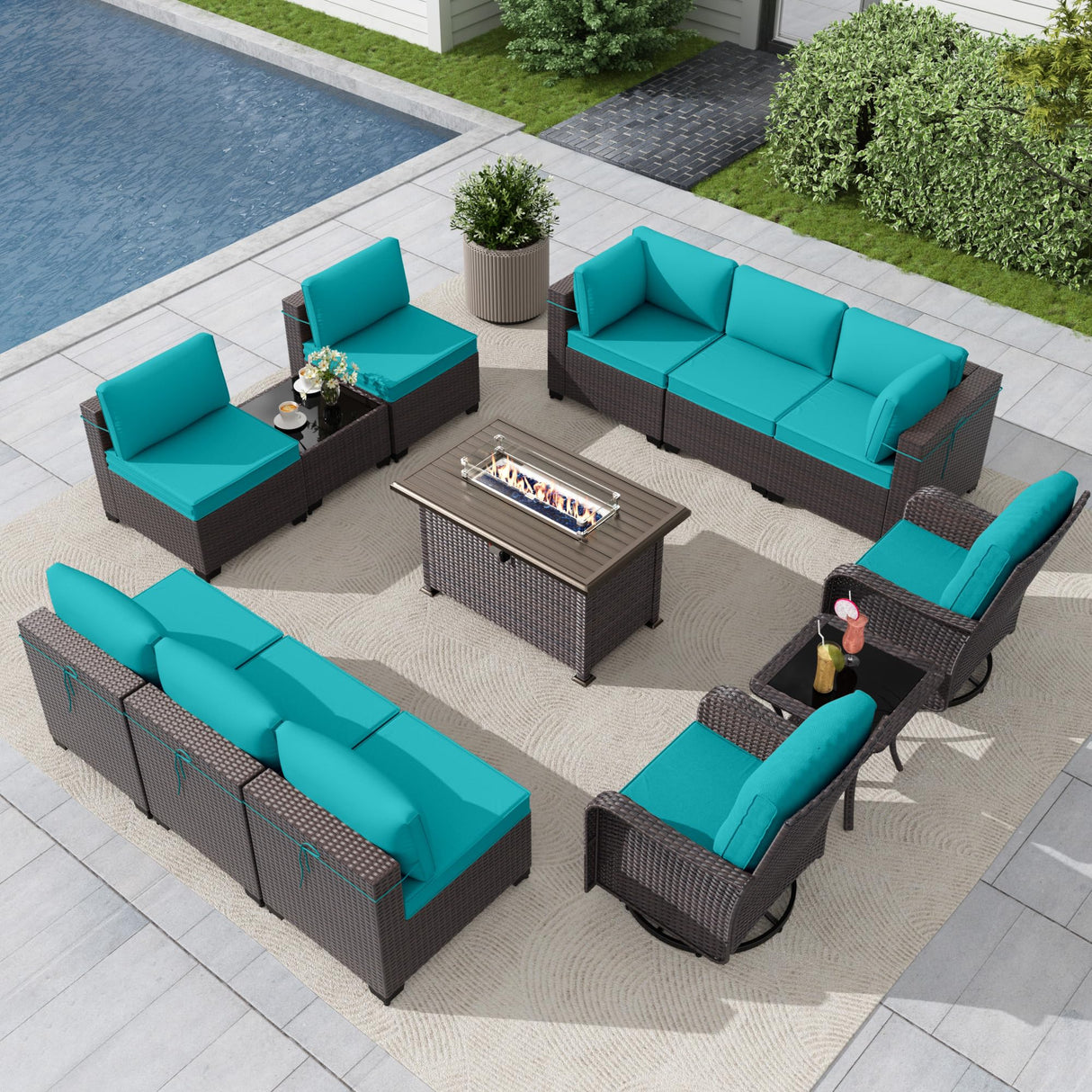 Gotland 13 Pieces Outdoor Patio Furniture Set with 2 Swivel Rocking Chairs&55,000 BTU Gas Fire Pit Table w/Glass Wind Guard Patio Conversation Sectional Sofa Sets-Blue Gotland