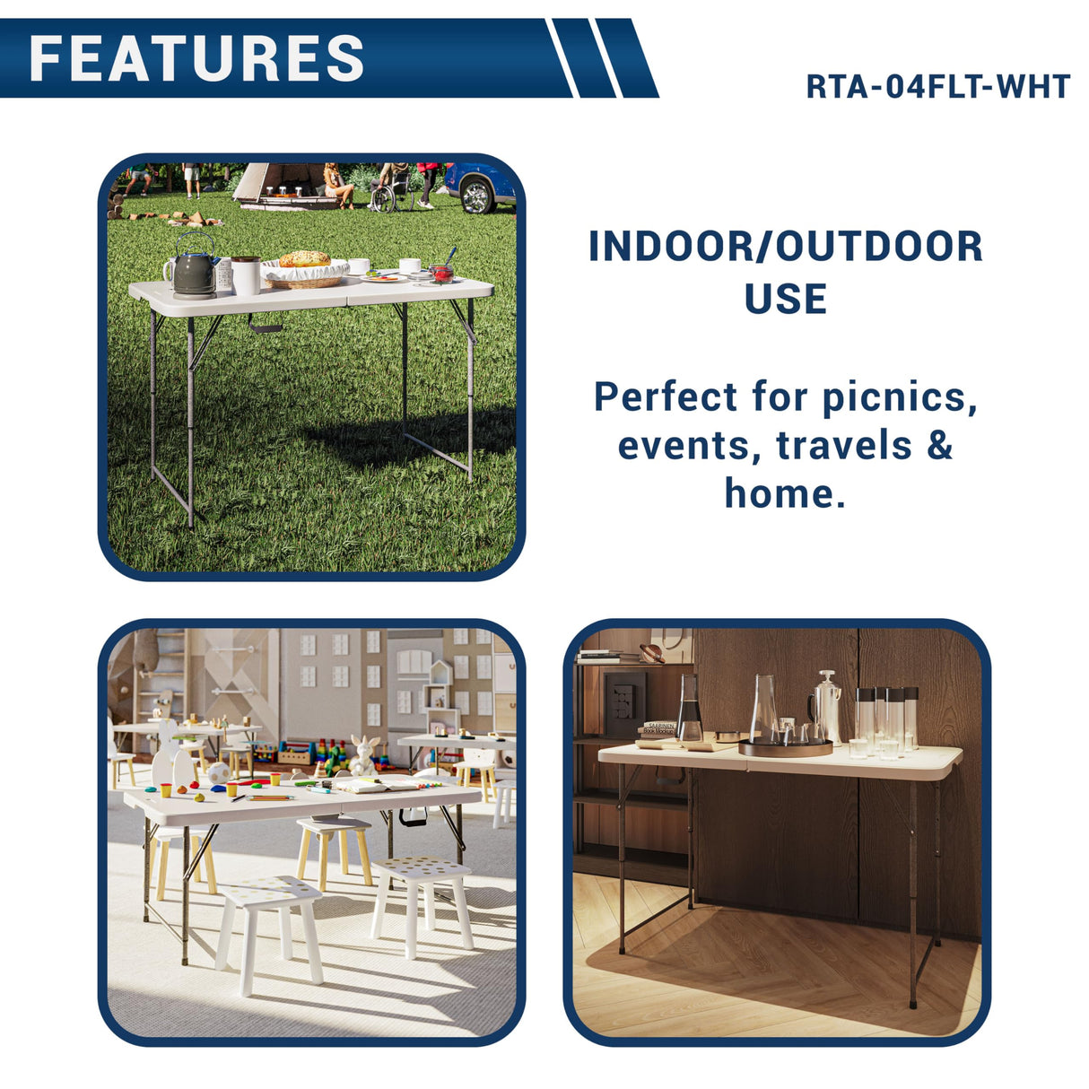 Techni Home Height Adjustable 4 FT Granite White Folding Table – Premium 4 Foot Folding Table Ideal for Camping, Picnic, Party or as Kids Table Techni Home