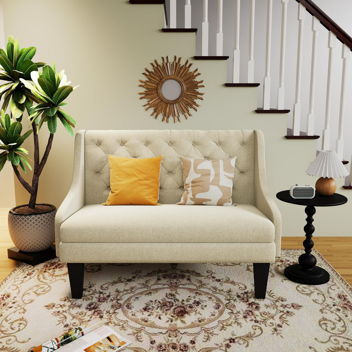 Tongli 50" Small Modern Loveseat Settee Sofa Linen Fabric 2-Seat Sofa Couch Tufted Love Seat Dining Bench with Back Upholstered Banquette Sofas for Living Room Bedroom Small Space Entryway Tongli