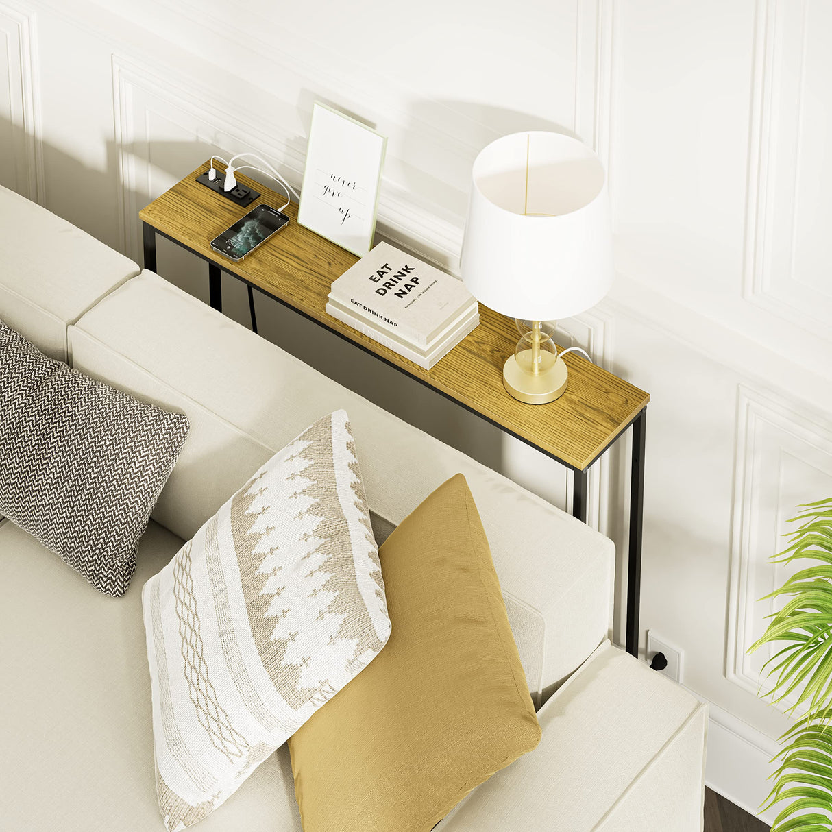 SONGXIN 39 Inch Console Table with Power Outlet,Modern Narrow Long Sofa Table Behind Couch,Skinny Entry Table with Black Metal Frame for Entryway,Living Room, Hallway,3D Oak SONGXIN