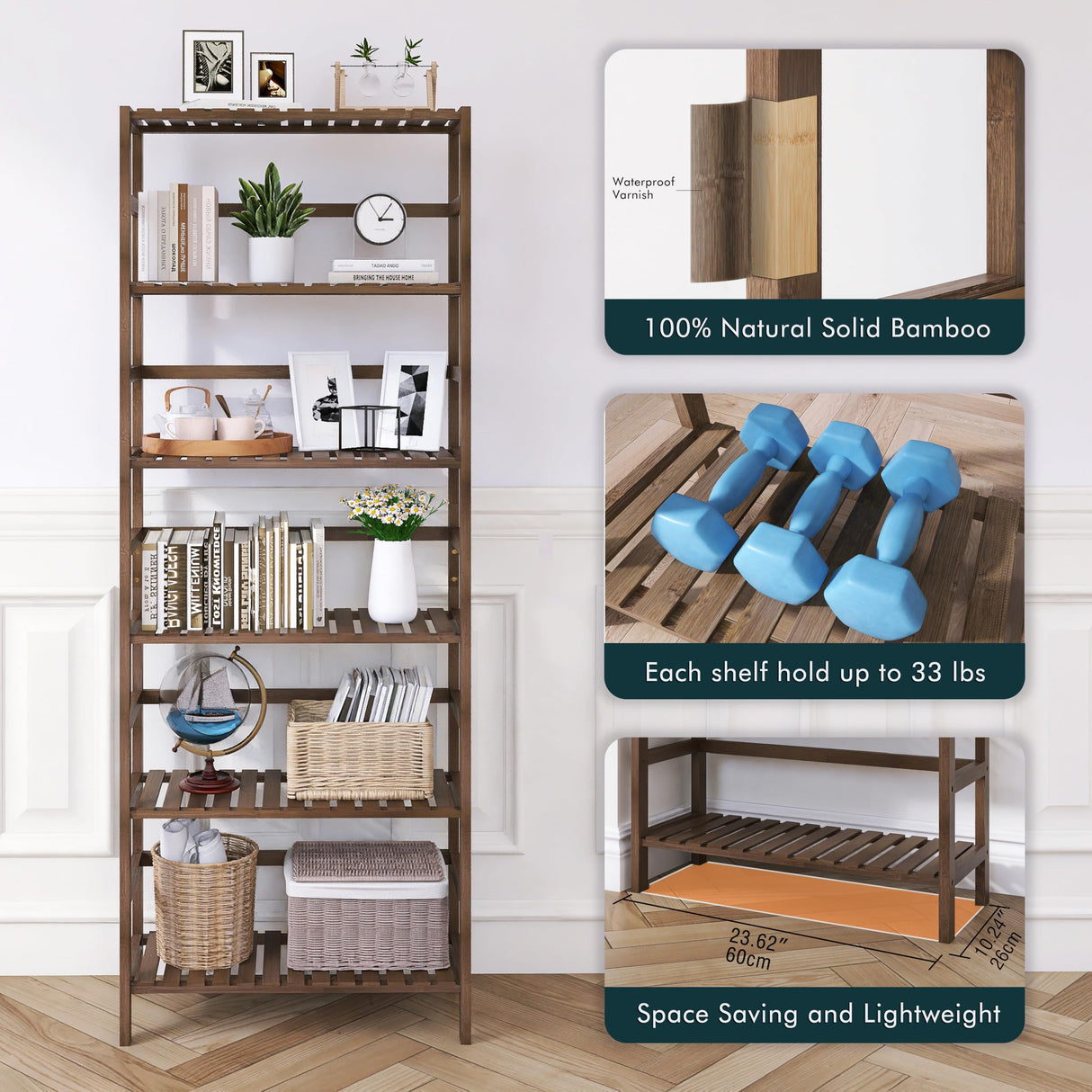 HITNET Bookcase, Bamboo Bookshelf, 6-Tier Adjustable Tall Open Book Shelf, Free Standing Storage Shelves Organizer, Flower Plant Display Stand, Walnut HITNET