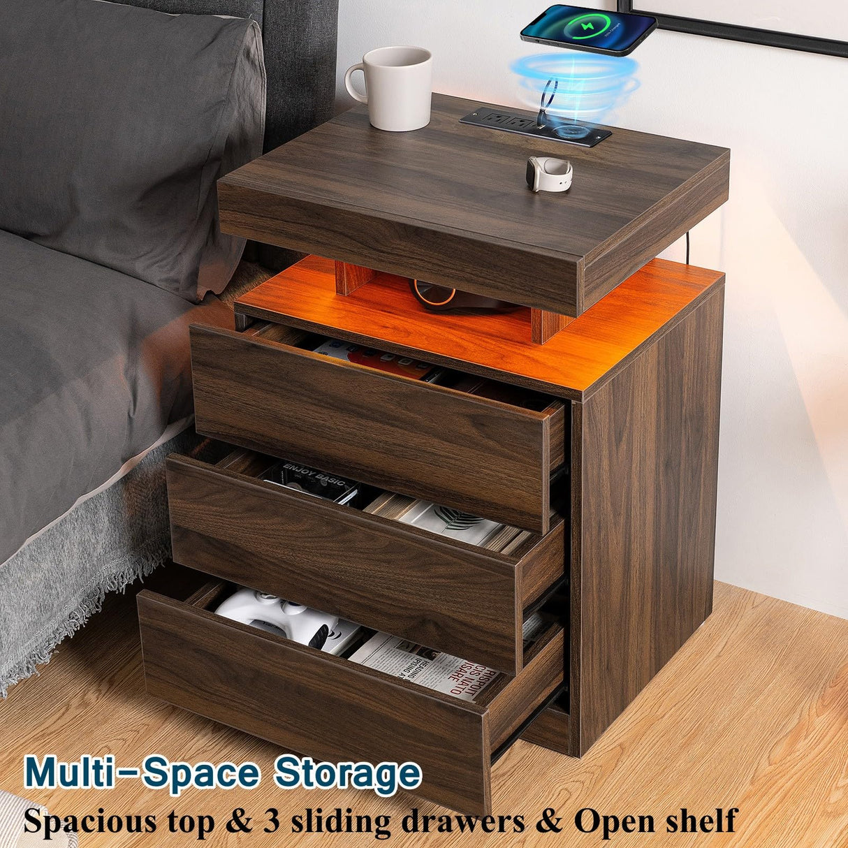 HOMMPA Rustic Brown Nightstand with Wireless Charging Station Walnut Wood LED Bedside Table with 3 Drawers End Table Smart Nightstand USB with Led Light Tall Night Stand with Open Shelf for Bedroom HOMMPA
