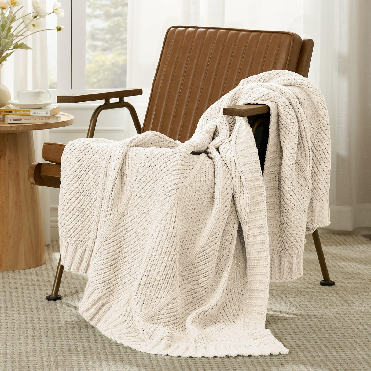 Amélie Home Chevron Chenille Knit Throw Blanket for Couch, Cozy Texture Decorative Soft Blanket for Sofa & Chair, 50"x60", Ivory Amélie Home