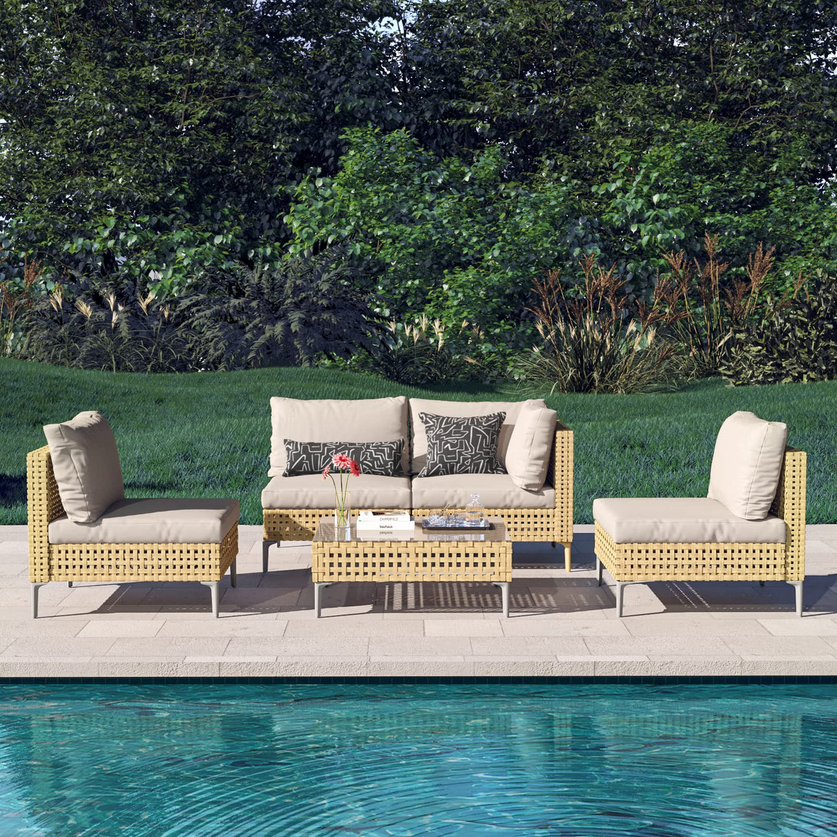 Grand patio 5-Piece Wicker Patio Furniture Set, Boho Outdoor Sectional Sofa with Water Resistant Thick Cushions Coffee Table, Beige Grand patio