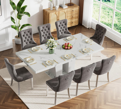 9 Piece Faux Marble Extendable Dining Table Set for 8, 78.74" White Expandable Dining Table Grey Velvet Chairs Set of 8, Wooden Expanding Kitchen Dining Room Table Set 8