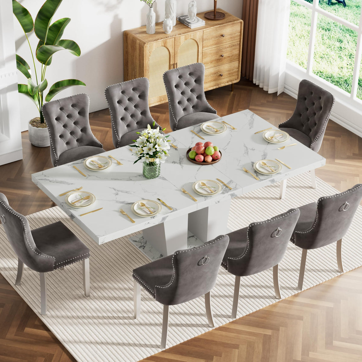 KUVADAZ 63"-78.74" White Faux Marble Extendable Dining Room Table Set ...