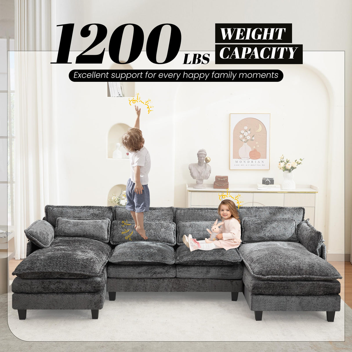 110" U Shape Cloud Couch, Comfy Upholstered Sectional Couches for Living Room, Oversized Modular Sleeper Sectional Sofa with Double Cushions & 4 Lumbar Pillows, Grey jonpony