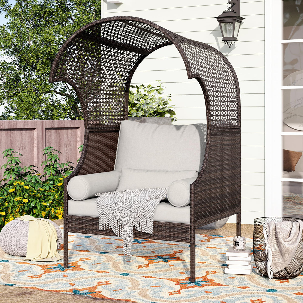 PHI VILLA Outdoor Wicker Egg Chair, Oversized Lounge Chair with Cushion, Large Brown Basket Rattan Chair for Patio, Porch, Garden, Balcony, Indoor PHI VILLA