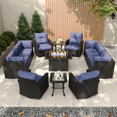 KHOLH Patio Furniture Set with Fire Pit Table, 13 Pieces Outdoor All-Weather Wicker Conversation Sectional Chair Sofa Set with 4 Swivel Chairs