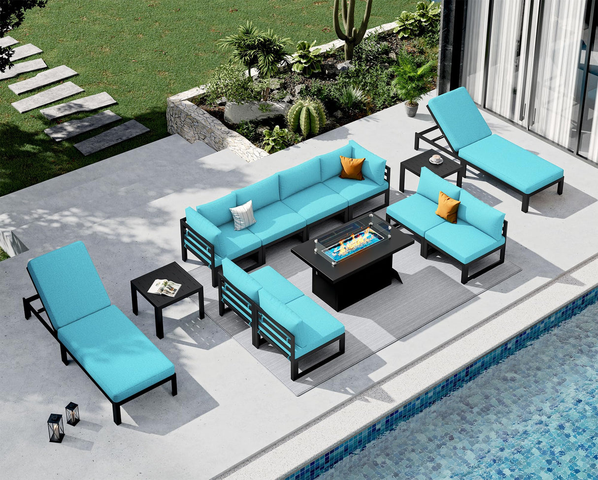 NICESOUL 13 Piece Large Modern Aluminum Patio Furniture Set, Rust Water Resistant Modular Outdoor Conversation Set with Chaise & Fire Pit Table, 500 lbs Durable Modular Sectional Sofa for Deck, Teal NICESOUL