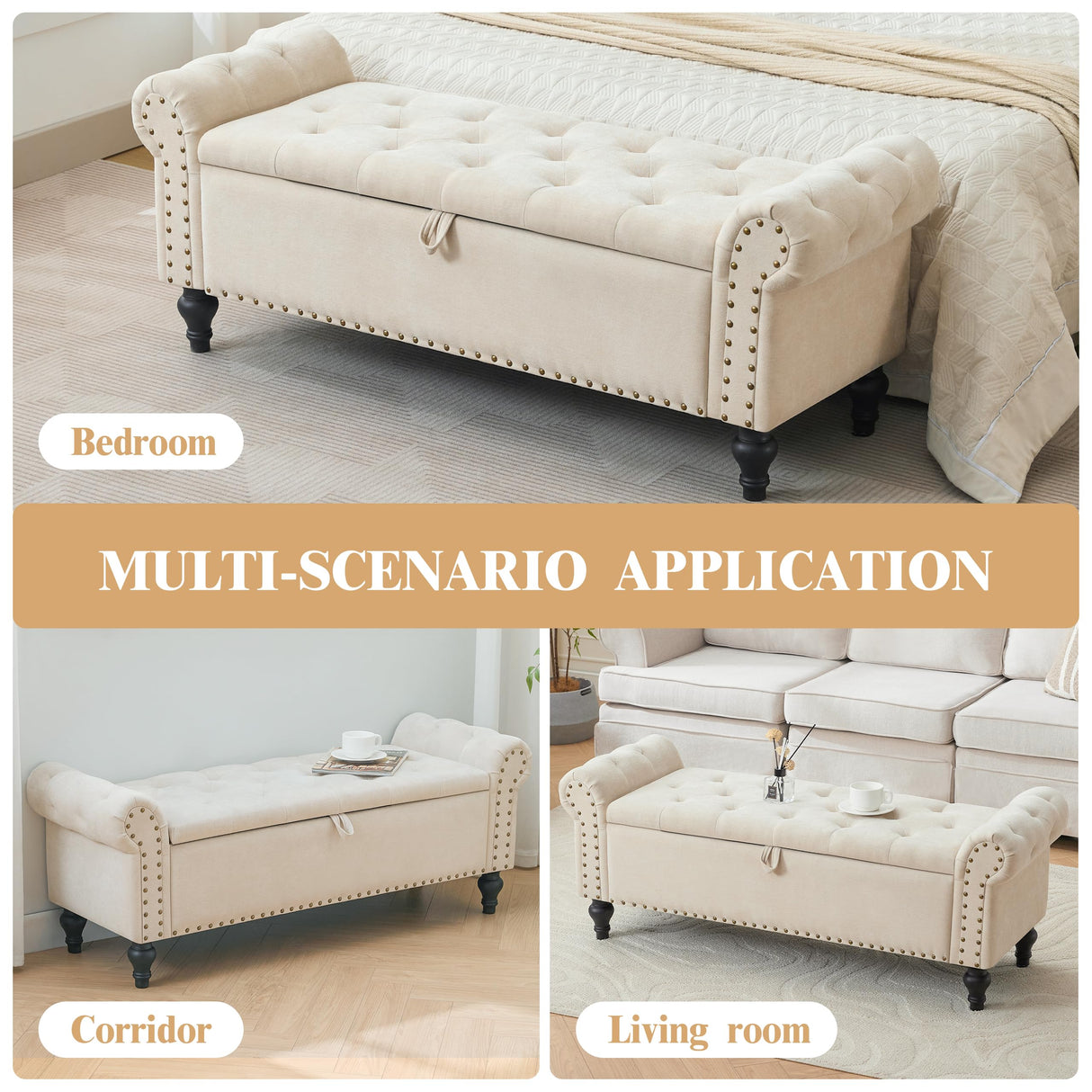 Howjoe 51" Bedroom Storage Bench, End of Bed Bench with Storage, Chenille Upholstered Benches, Ottoman with Storage, Window Benches with Rolled Arm and Nailhead Trim for Living Room, Entryway, Beige Howjoe