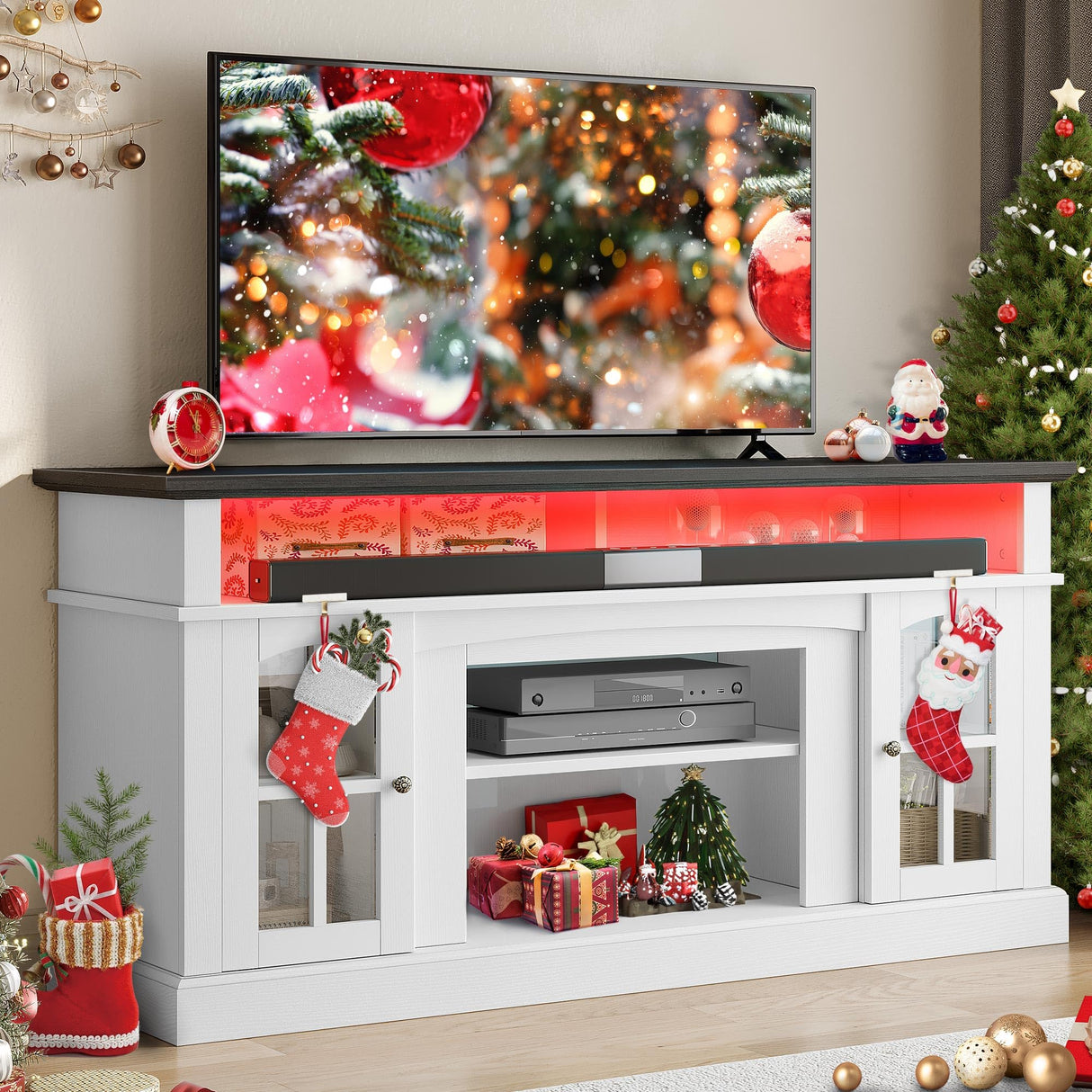 YITAHOME LED Farmhouse TV Stand for 65 Inch w/Outlets, Modern Entertainment Center with Glass Doors and Adjustable Storage Shelves, Media Console TV Cabinet for for Living Room, White/Black YITAHOME