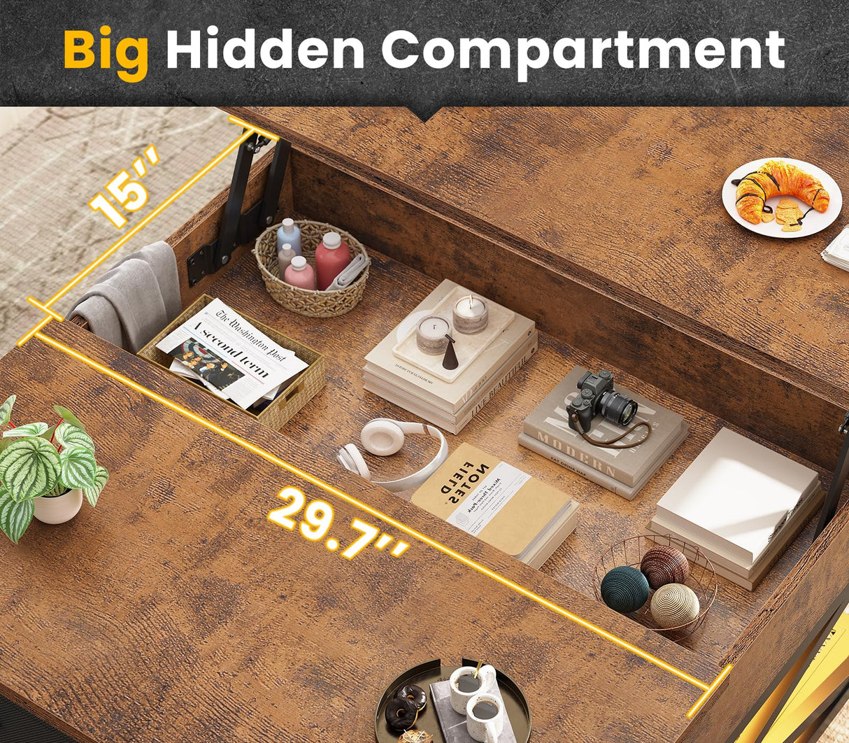 Itaar 31.5" Lift Top Coffee Table with Storage, Square Coffee Tables for Living Room, Coffee Table with 2 Fabric Drawers & Large Storage Shelvs, Rustic Brown Itaar