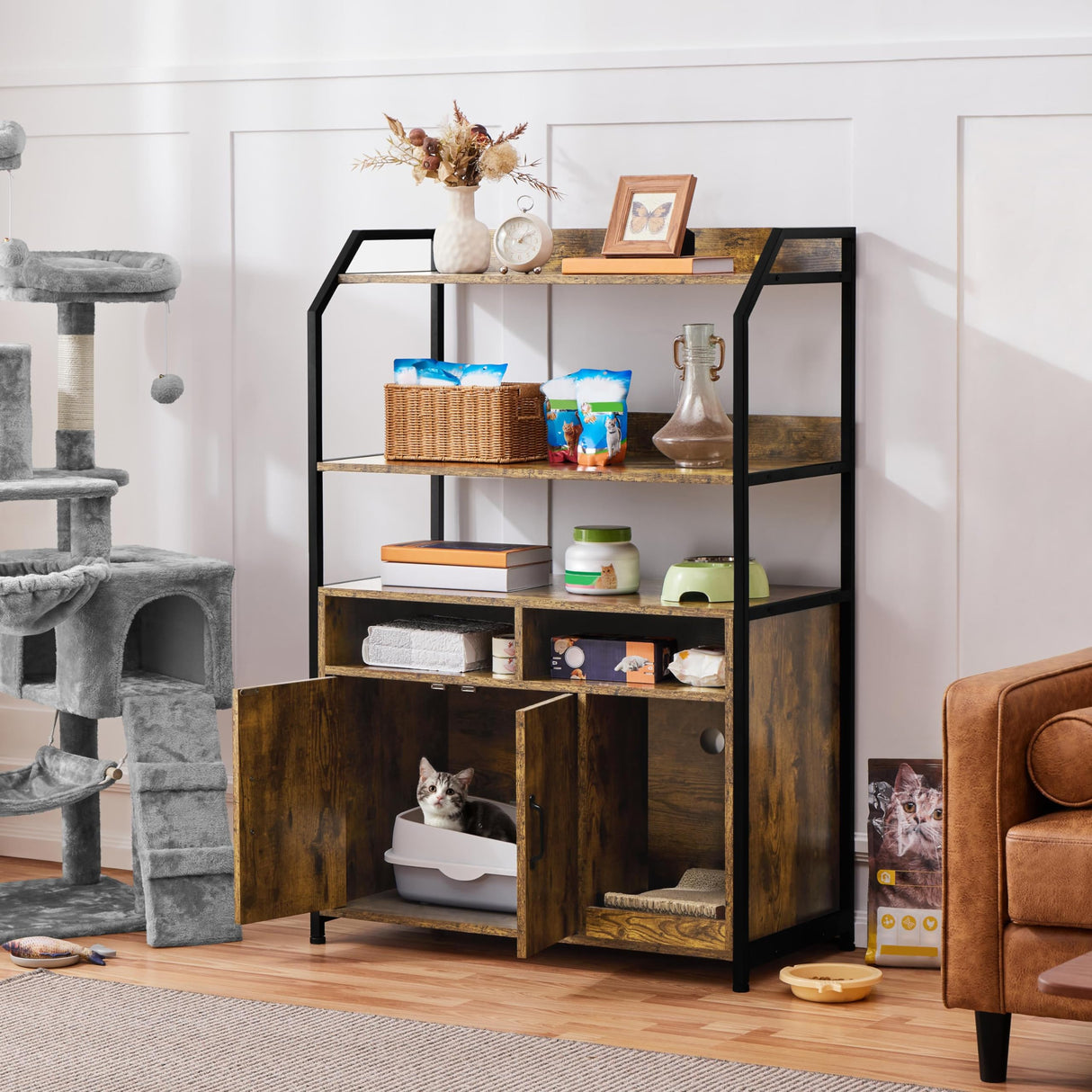 Yaheetech Cat Litter Box Enclosure, Hidden Litter Box Furniture w/Shelf & Storage Compartments, Cat Washroom, Wood Cat House, Rustic Brown Yaheetech