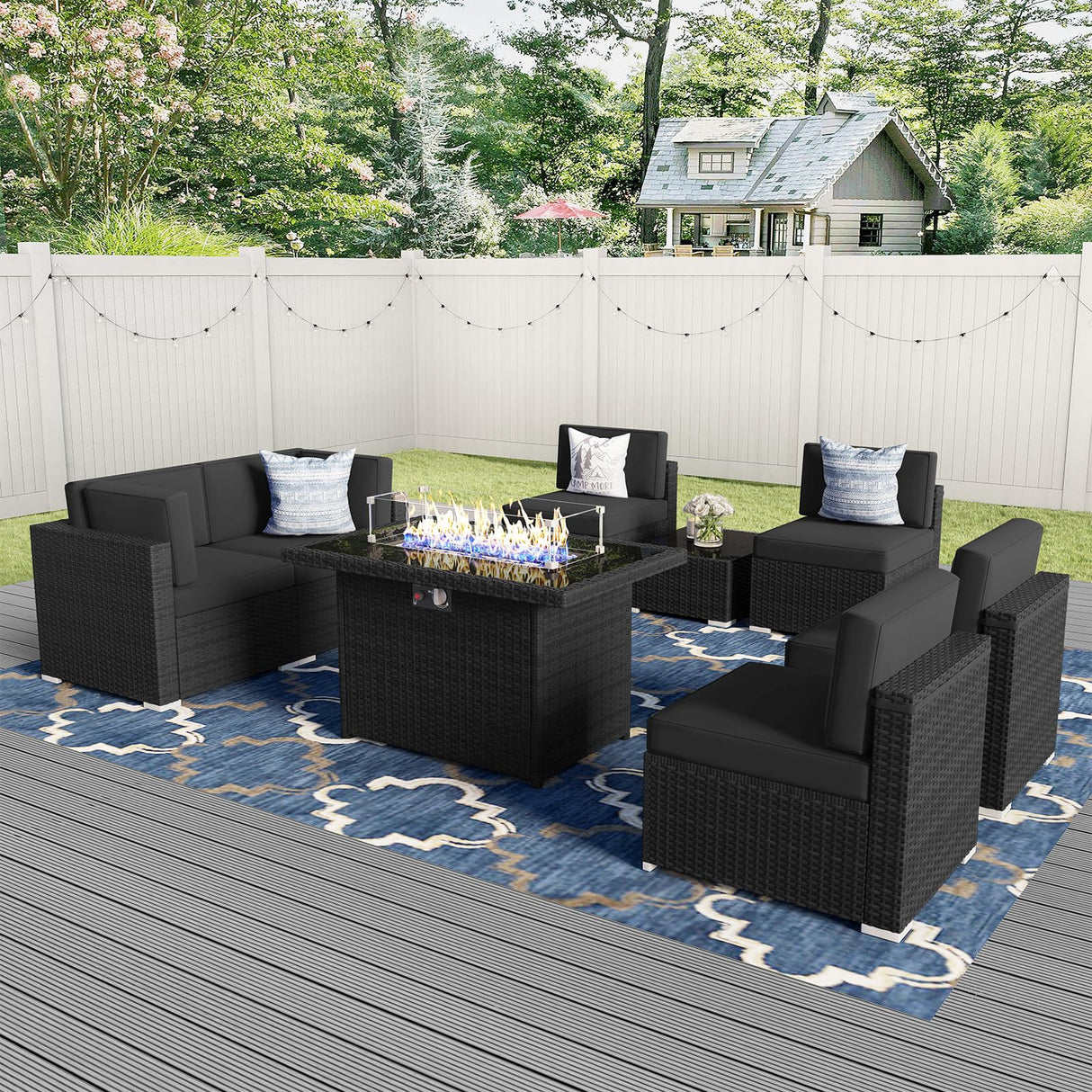 Vakollia 8 Pieces Patio Furniture Set with 44" Propane Gas Fire Pit Table, Outdoor Sectional Wicker Conversation Sofa Sets with Coffee Table Vakollia