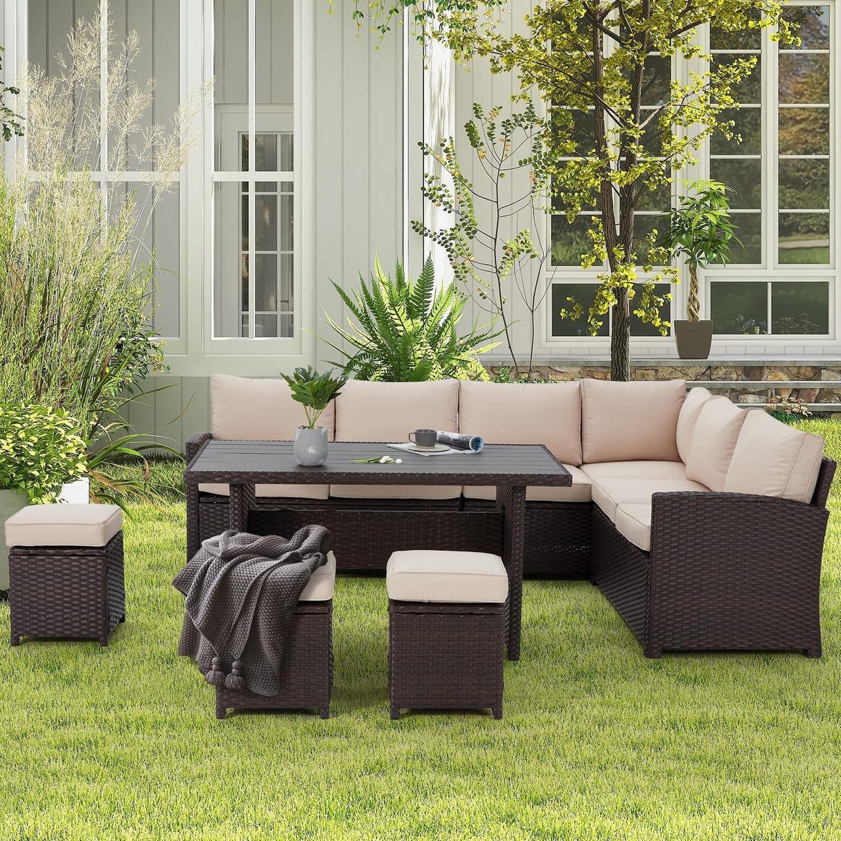 U-MAX 7 Pieces Patio Furniture Set Outdoor Sectional Sofa Conversation Set All Weather Wicker Rattan Couch Dining Table & Chair with Ottoman, Khaki Cushion U-MAX