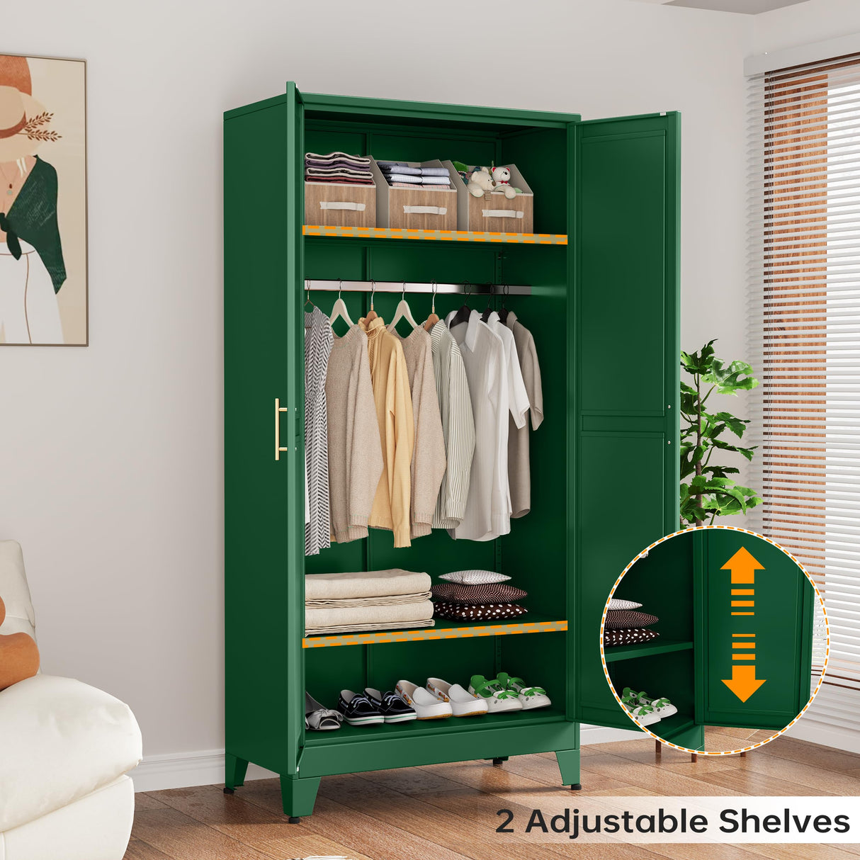RISTERN Metal Armoire Wardrobe Closet with Hanging Rod, Clothing Storage Cabinet with Adjustable Shelves for Laundry Room, Bedroom, Home Office, Bathroom, 71" Green RISTERN