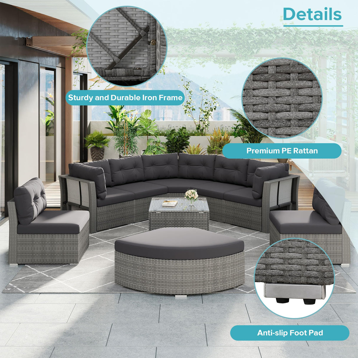 NCKMYB Half Moon Patio Furniture Set 9 Pieces - Outdoor Modular Couch Rattan Daybed Sectional with Tempered Glass Table, Weather-Resistant Iron Frame & Cushions - Grey NCKMYB