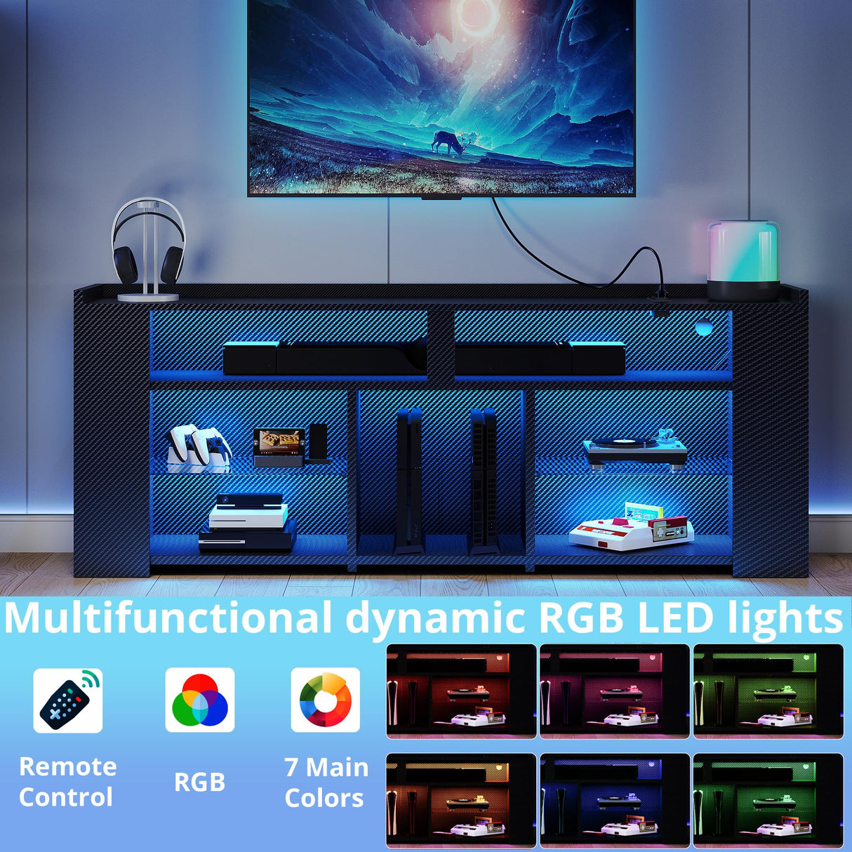 IRONCK Entertainment Center with Storage, 55 Inch Tall TV Stand with Power Outlet, LED Gaming TV Cabinet for PS4, Black TV Stand with Carbon Fiber IRONCK