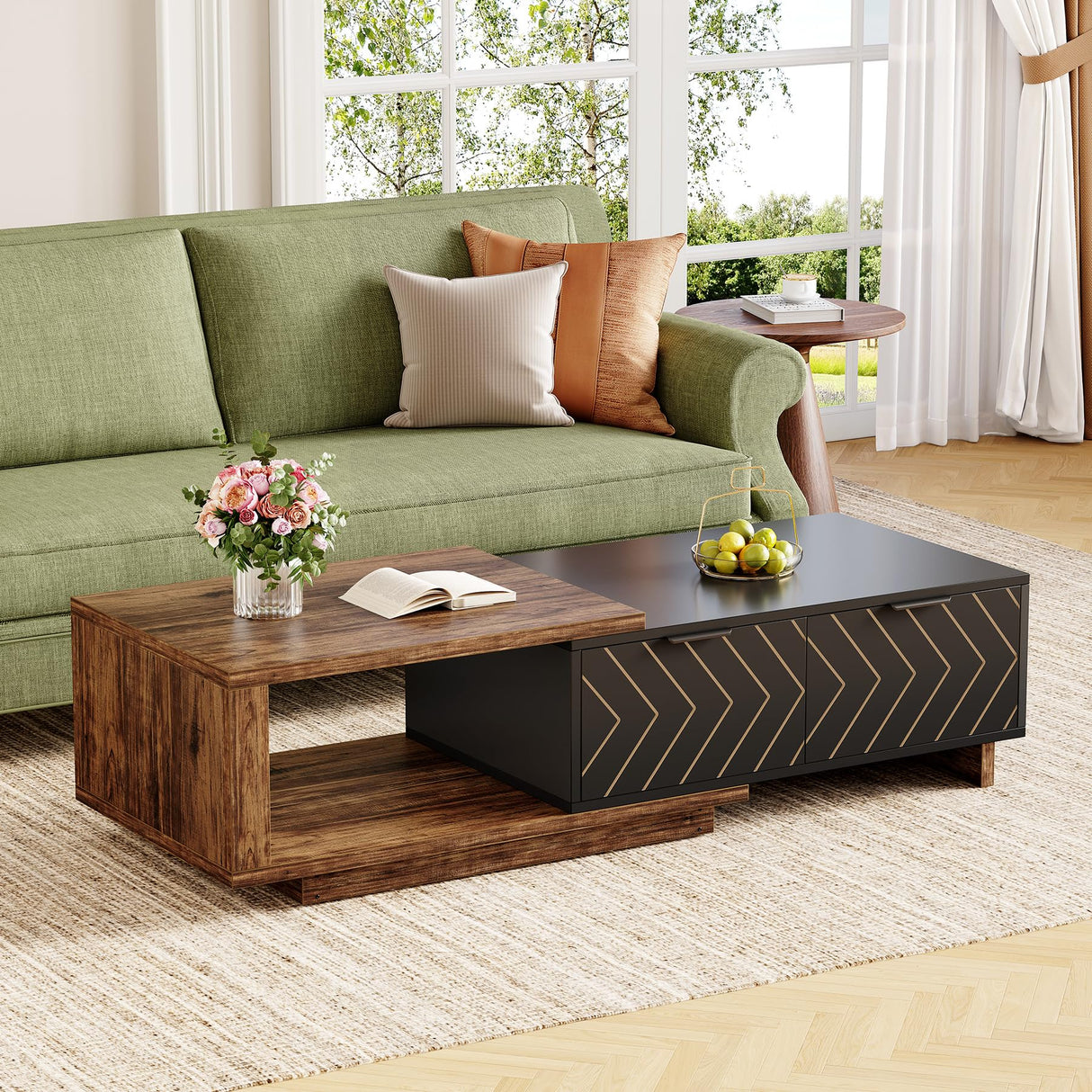 LITTLE TREE Expandable Wooden Coffee Table with 2 Drawers, Space-Saving Rectangular Farmhouse Center Table, Perfect for Living Room and Office, Brown and Black LITTLE TREE