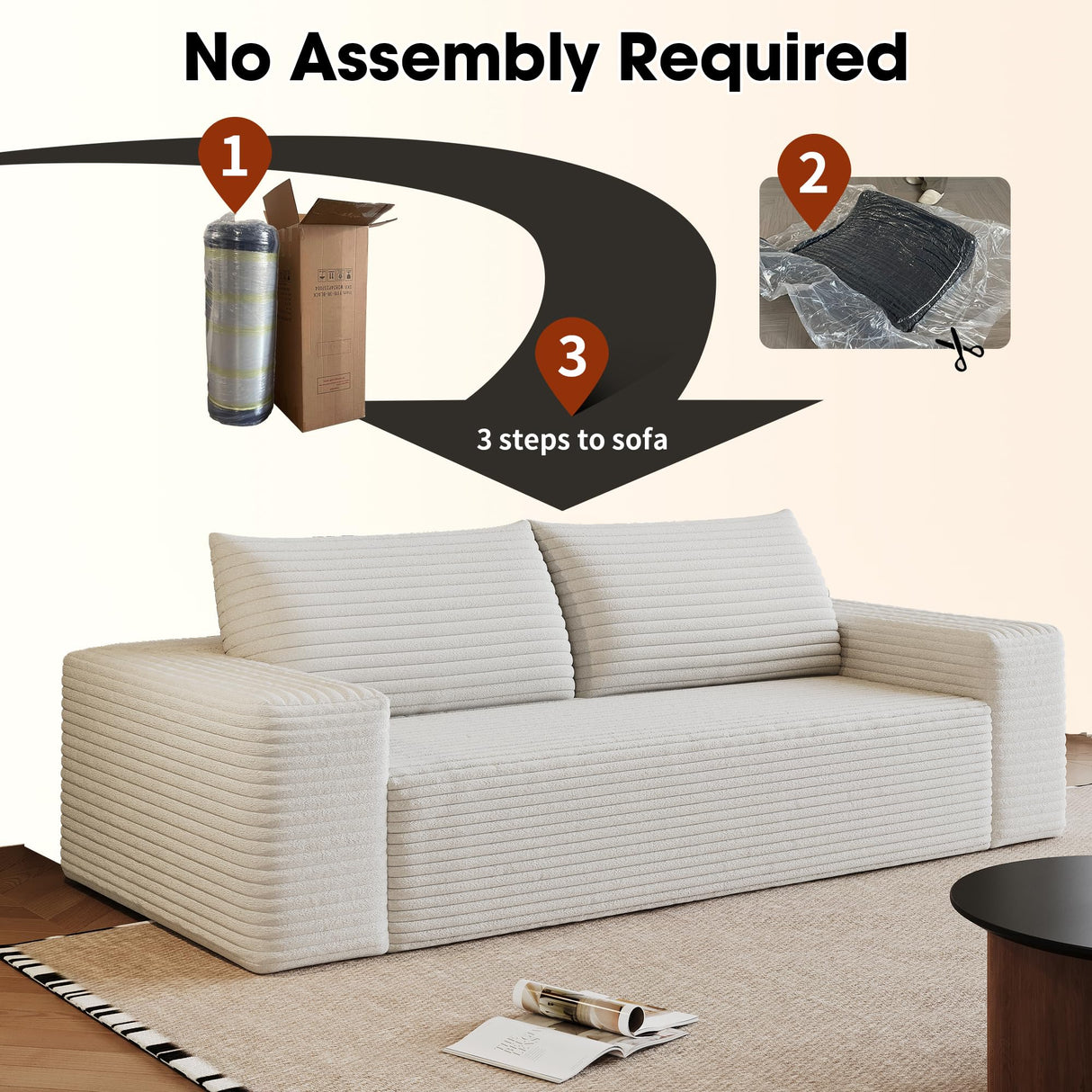 Ball & Cast 71" Cloud Loveseat Sofa No Assembly Required Comfy Deep Seat Couch with Pillows,Corduroy Fabric,1 pcs for Living Room, Bedroom,Apartment,White Ball & Cast