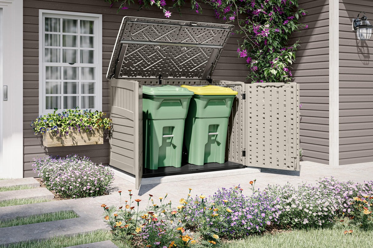 Suncast 5.9 ft. x 3.7 ft Horizontal Stow-Away Storage Shed - Natural Wood-Like Outdoor Storage for Trash Cans and Yard Tools - All-Weather Resin, Hinged Lid, Reinforced Floor - Made in The USA Suncast