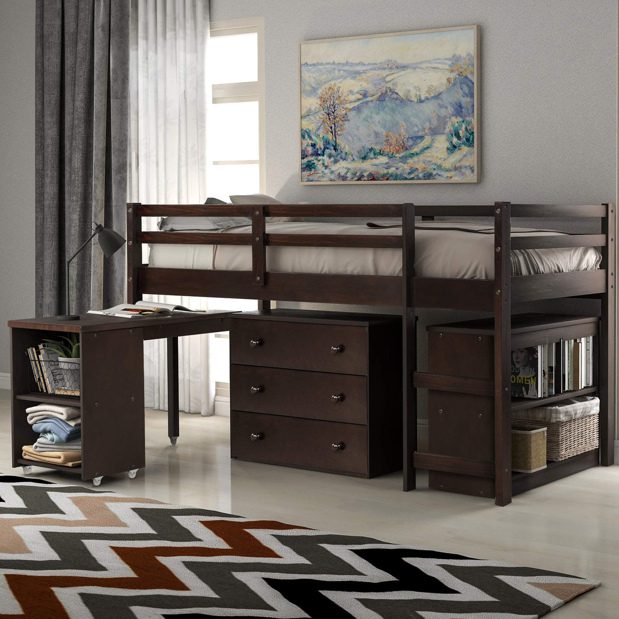 Twin Loft Bed with Desk Low Study Kids Twin Loft Bed with Storage Drawers, Low Loft Bed Twin for Kids Twin Loft Bed with Safety Guard Rails and Bookcase Shelf (Espresso, Twin Loft with Desk) Harper & Bright Designs