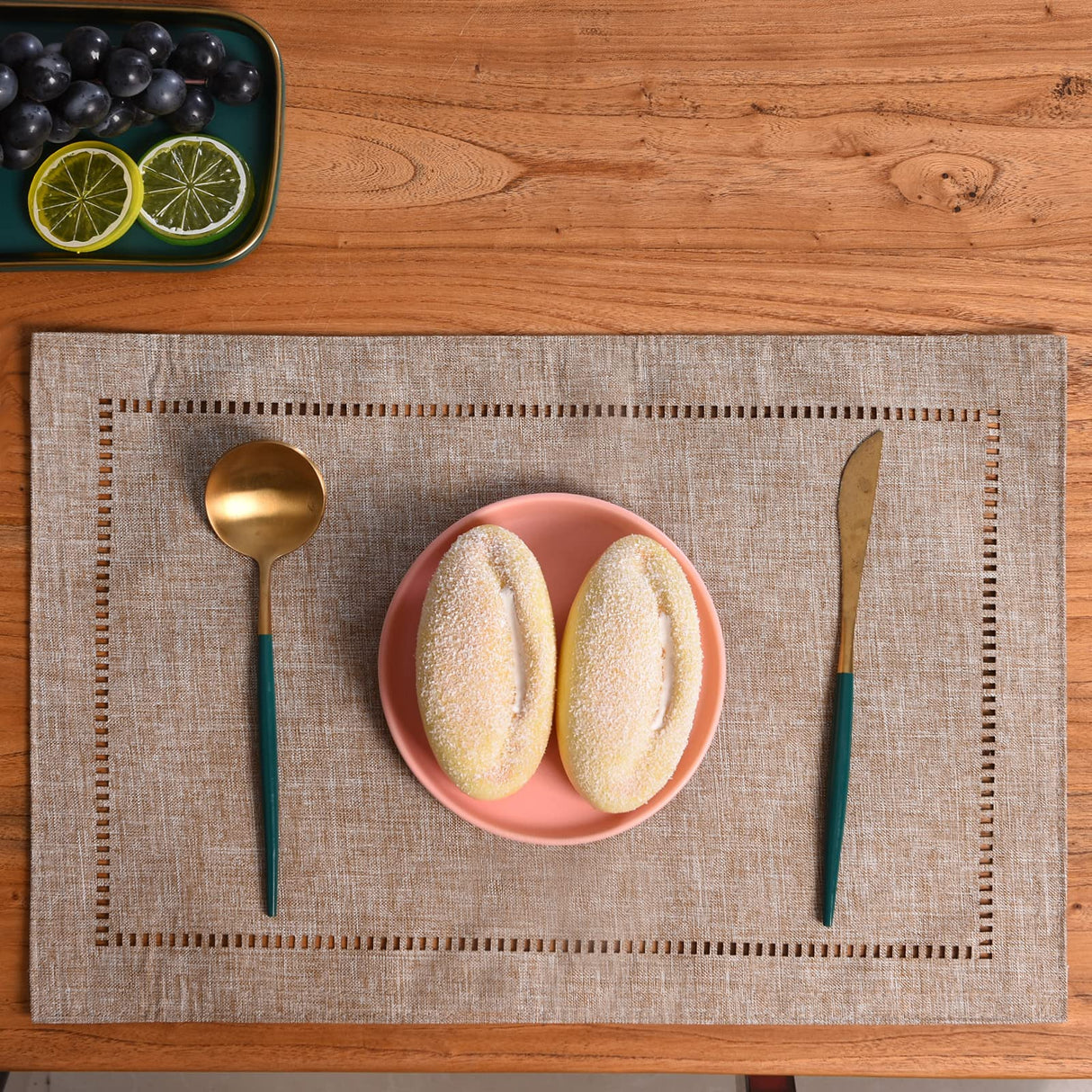 Tosewever Set of 4 Decorative Linen Placemats 12 x 18 Inches, Farmhouse Style Table Mats for Everyday Dining Wedding Party Holiday Home Decor (4 Pieces 12 x 18”, Light Coffee/Straight) Tosewever